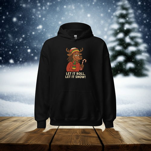 Black hoodie with a reindeer graphic and text 'Let it roll, let it snow!' on a snowy background.