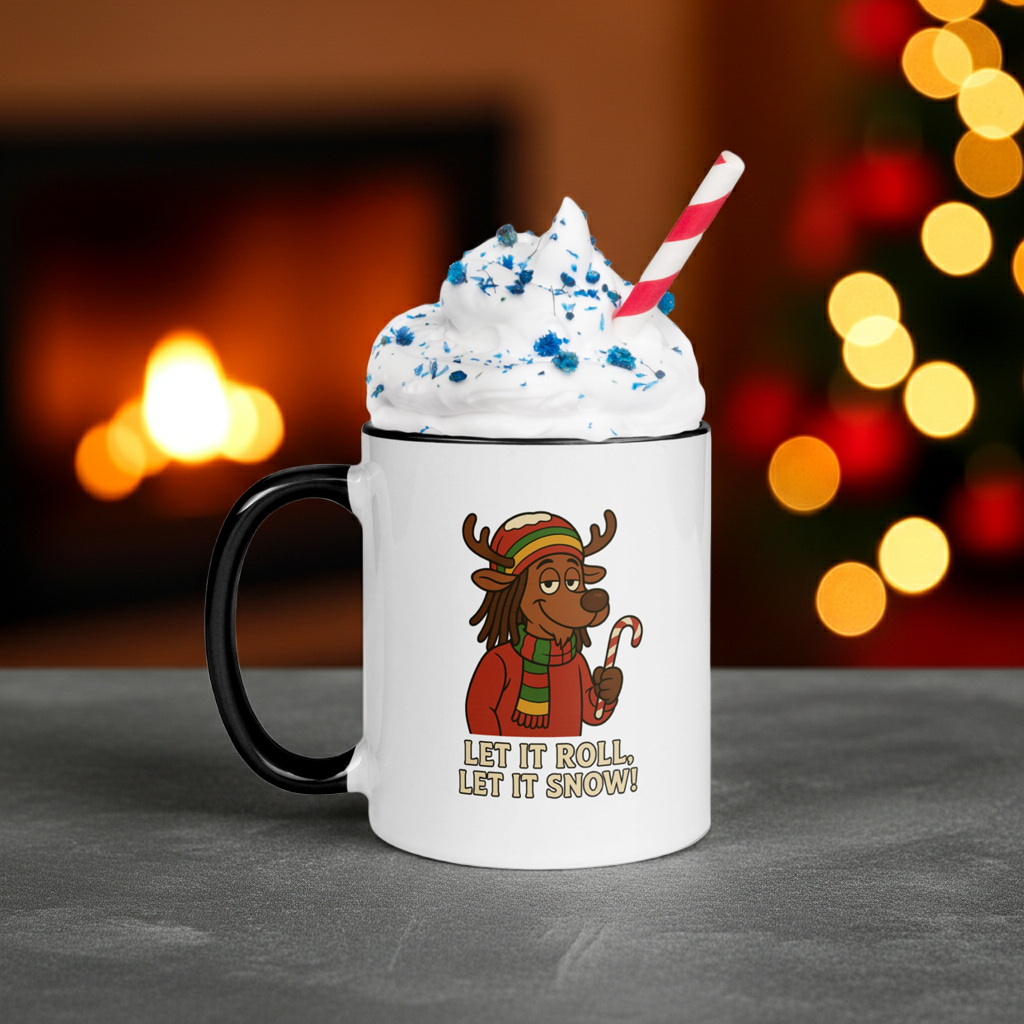 White mug with cartoon reindeer design and text 'Let it roll, let it snow!' against a festive background.