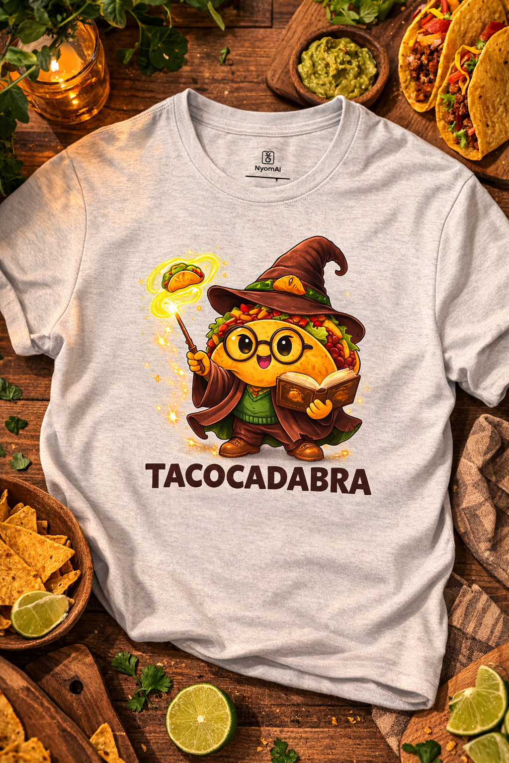White t-shirt with a cartoon taco wizard design and 'TACOCADABRA' text, placed on a wooden table with food items.