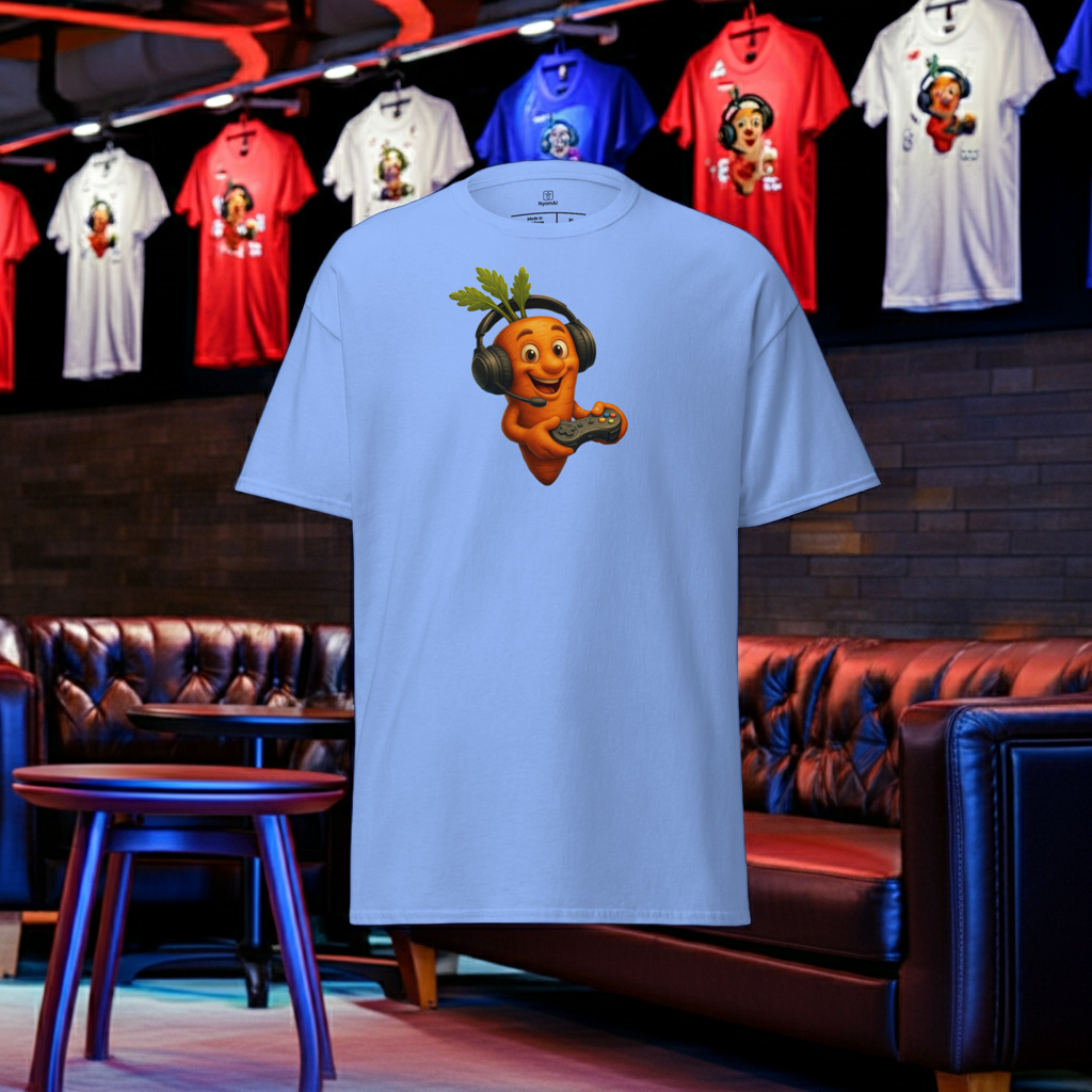 White t-shirt with a cartoon character on display in a store setting