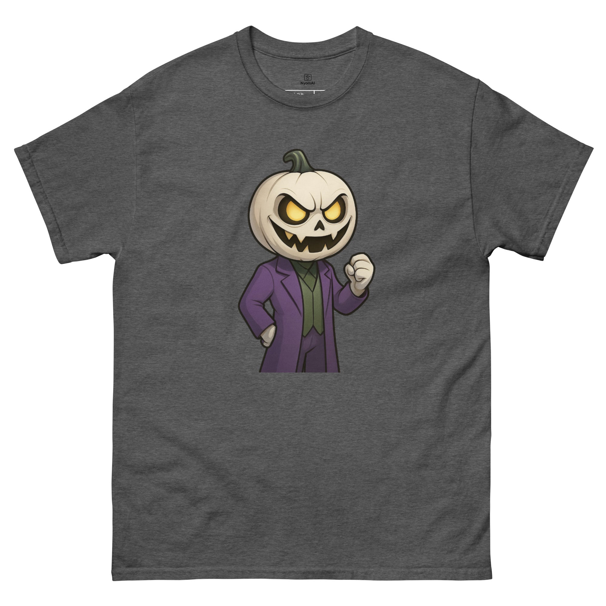 Dark gray t-shirt with a cartoon pumpkin head character in a suit on a white background