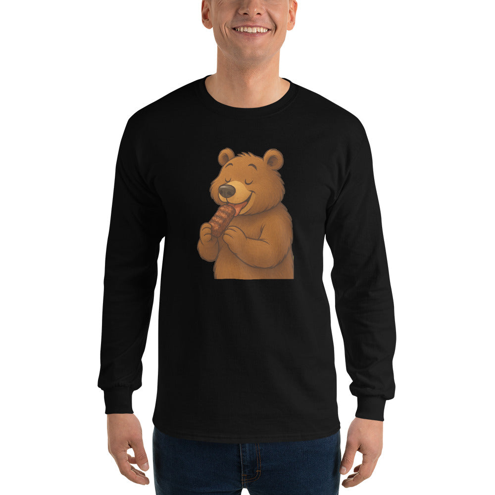 Person wearing a black long-sleeve shirt with a bear graphic on a white background