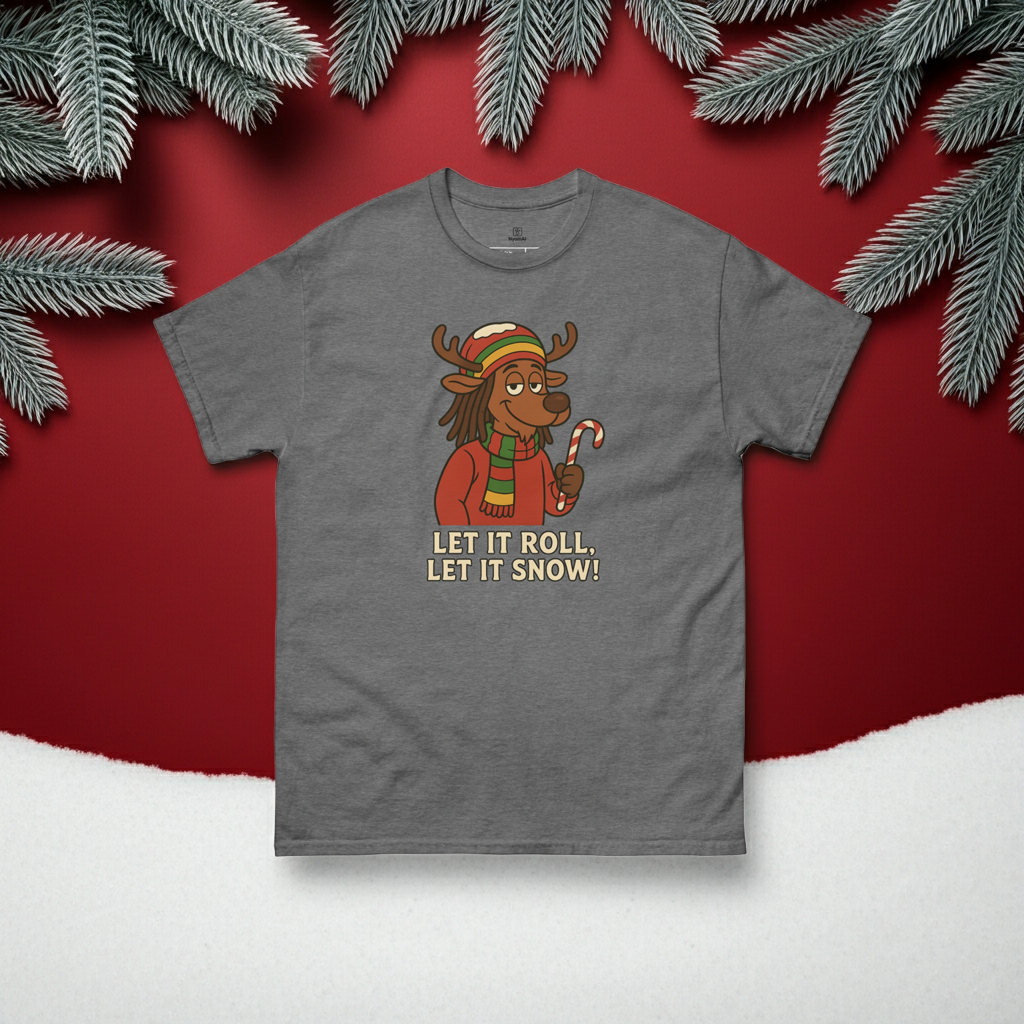 Gray t-shirt with a reindeer graphic and text on a red background with Christmas elements.Let it snow!