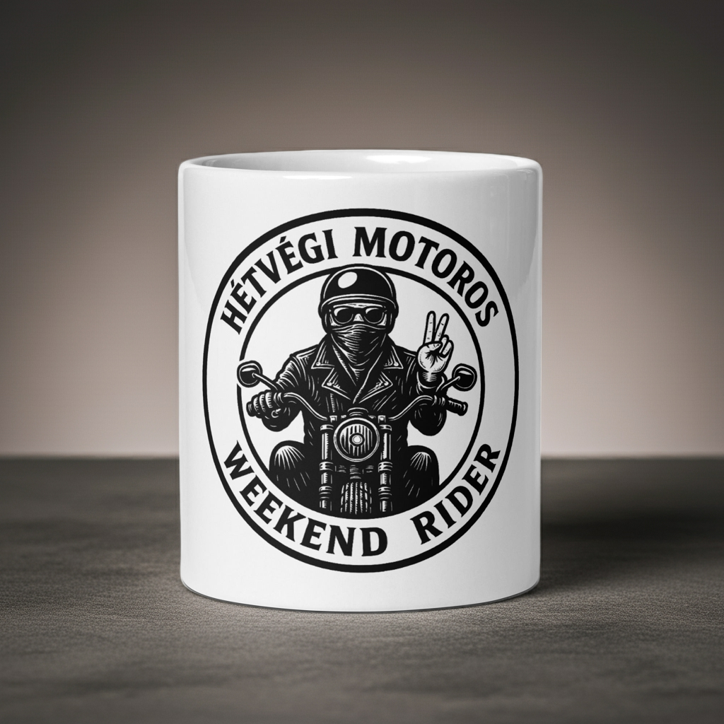 White mug with black graphic and text 'Hétvégi Motoros Weekend Rider' on a dark background