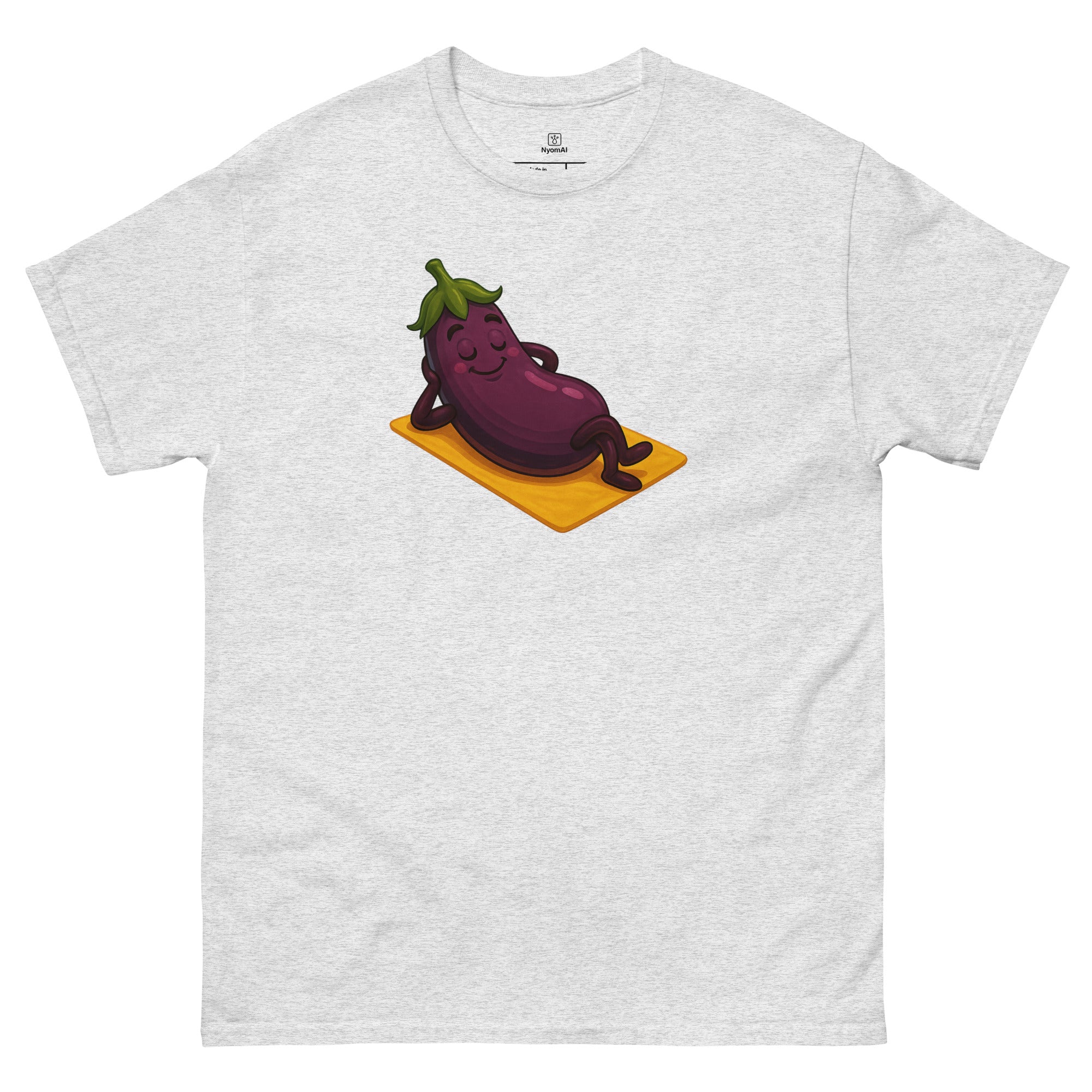 Gray t-shirt with a cartoon eggplant on a yellow platform design.