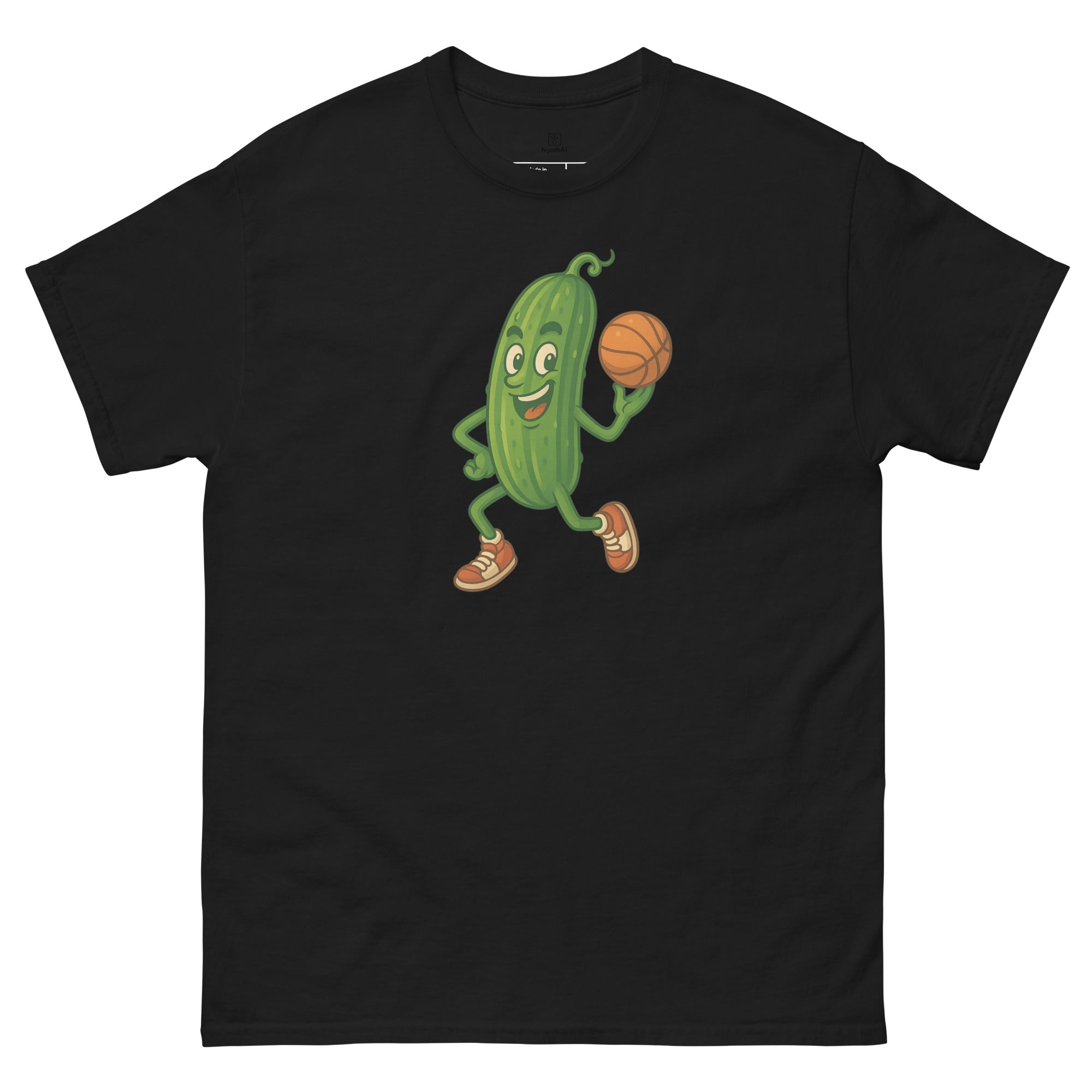 Black t-shirt with a cartoon pickle playing basketball design on a white background