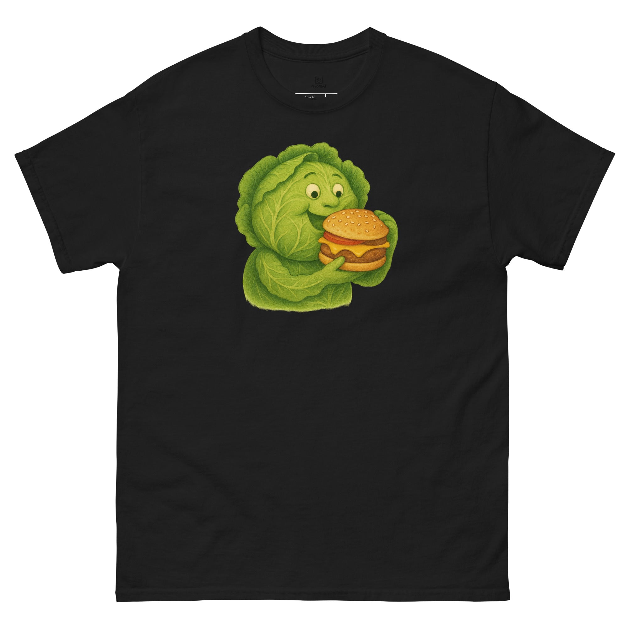 Black t-shirt with a cartoon green cabbage holding a burger on a white background