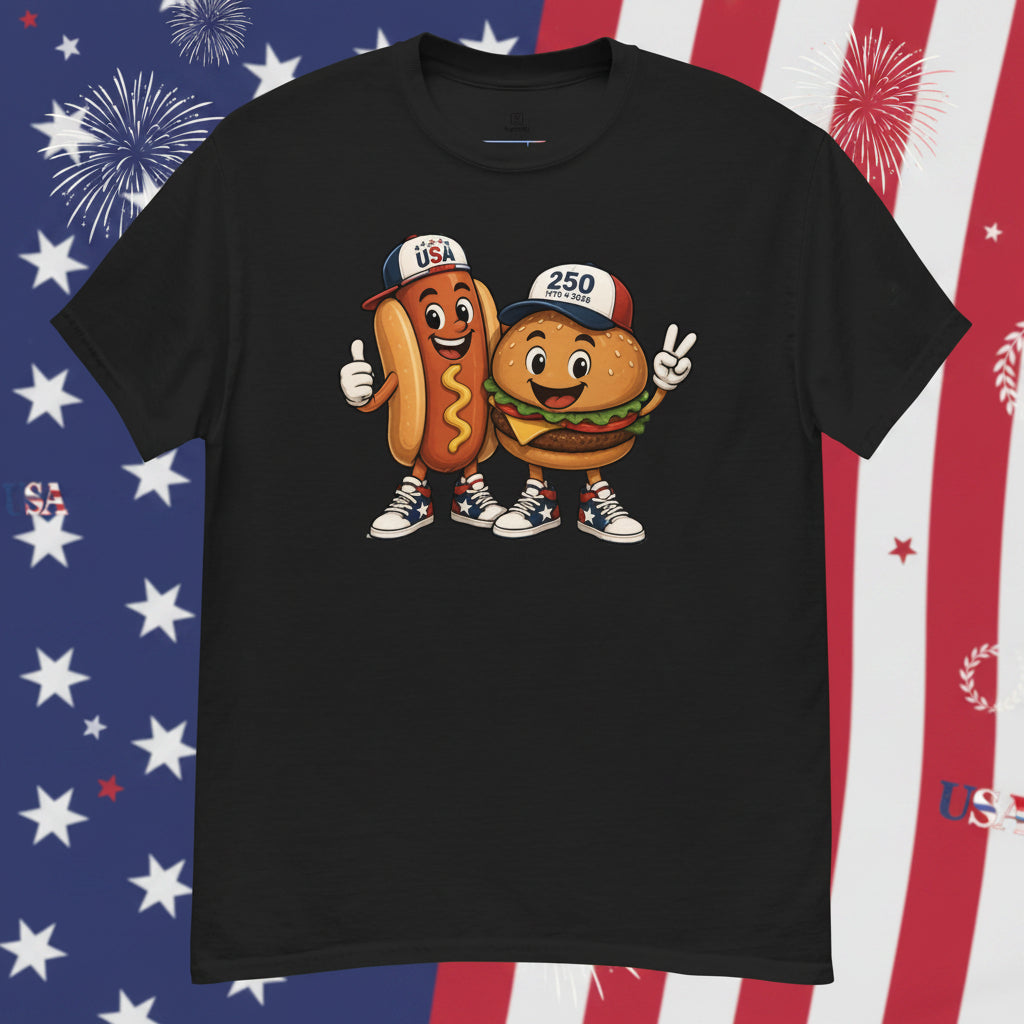 Black t-shirt with cartoon hot dog and hamburger characters wearing USA caps on a white background