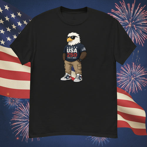 Black t-shirt with an eagle graphic wearing a 'USA 250' shirt on a white background