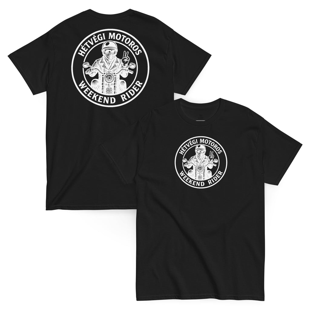 Black t-shirt with white graphic design on a white background