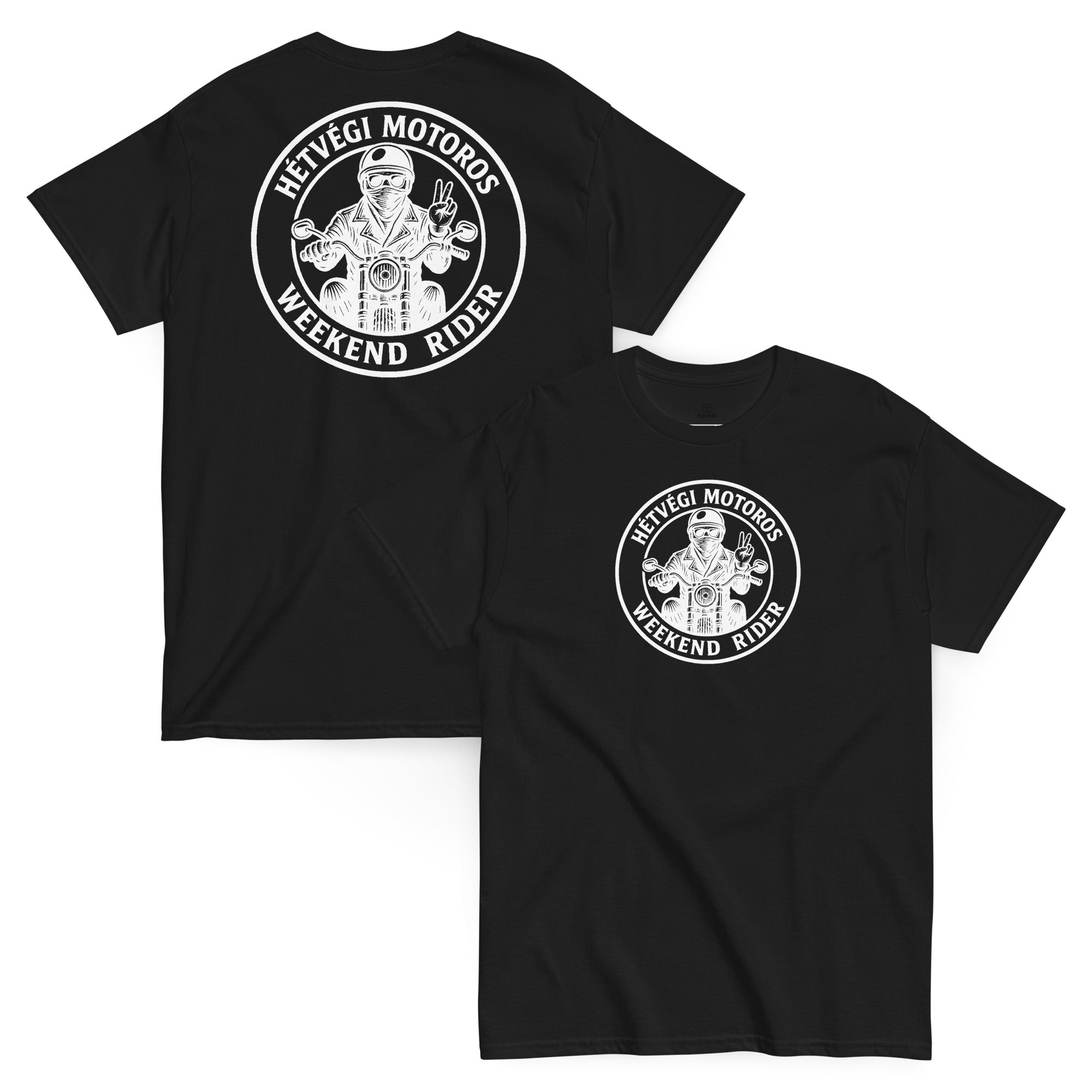 Black t-shirt with white graphic design on a white background