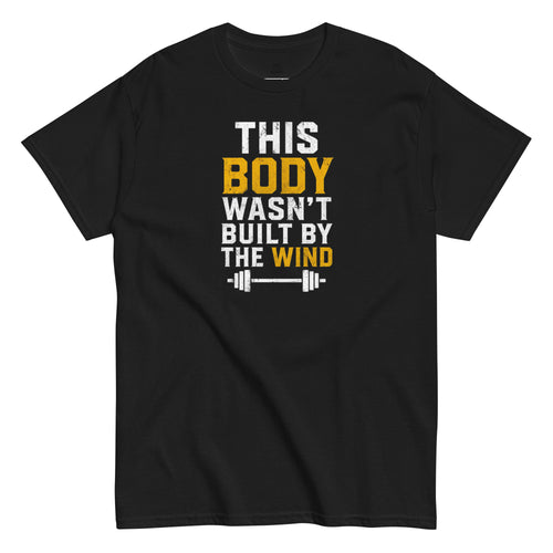 Black t-shirt with motivational quote in white and yellow on a white background