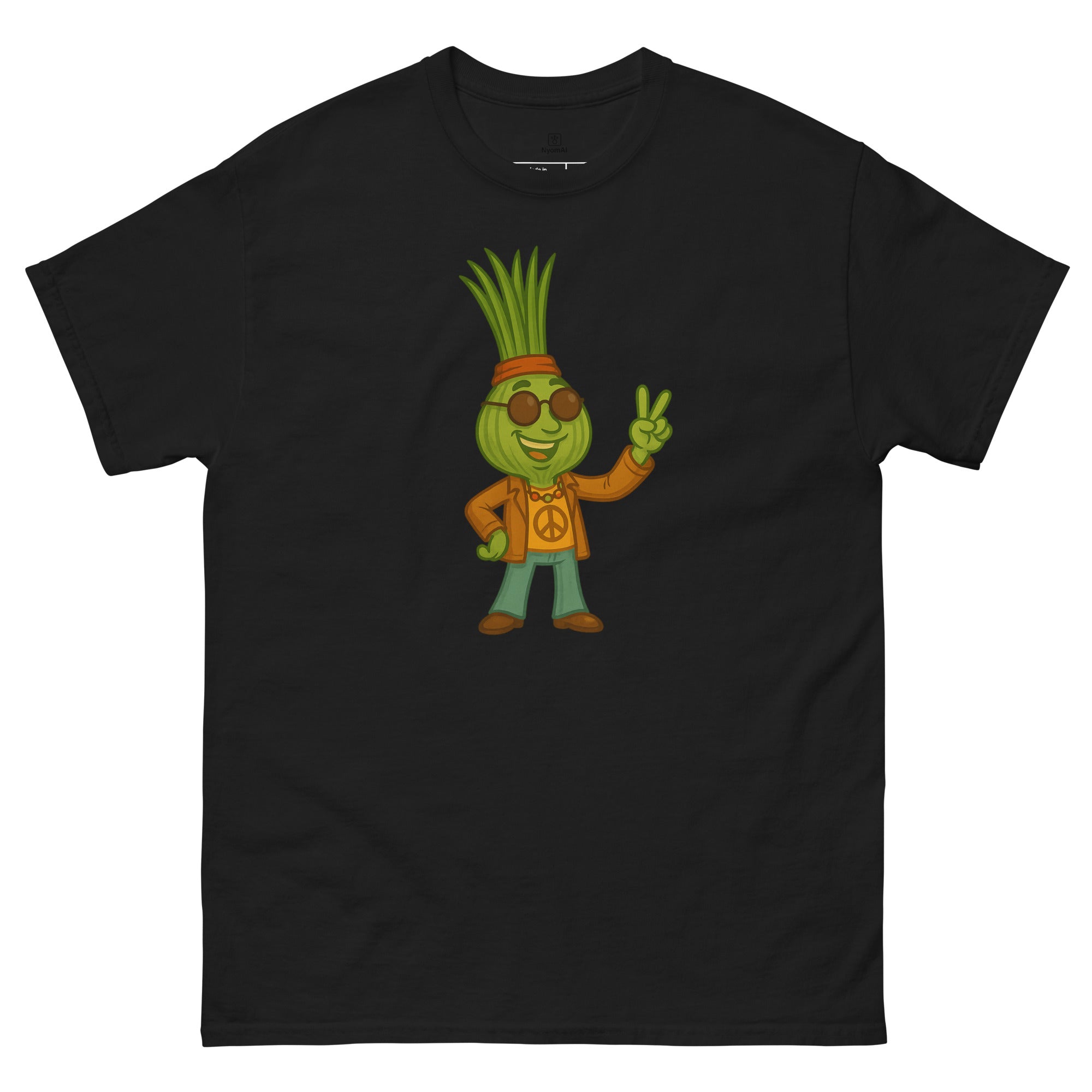 Black t-shirt with a cartoon character design on a white background