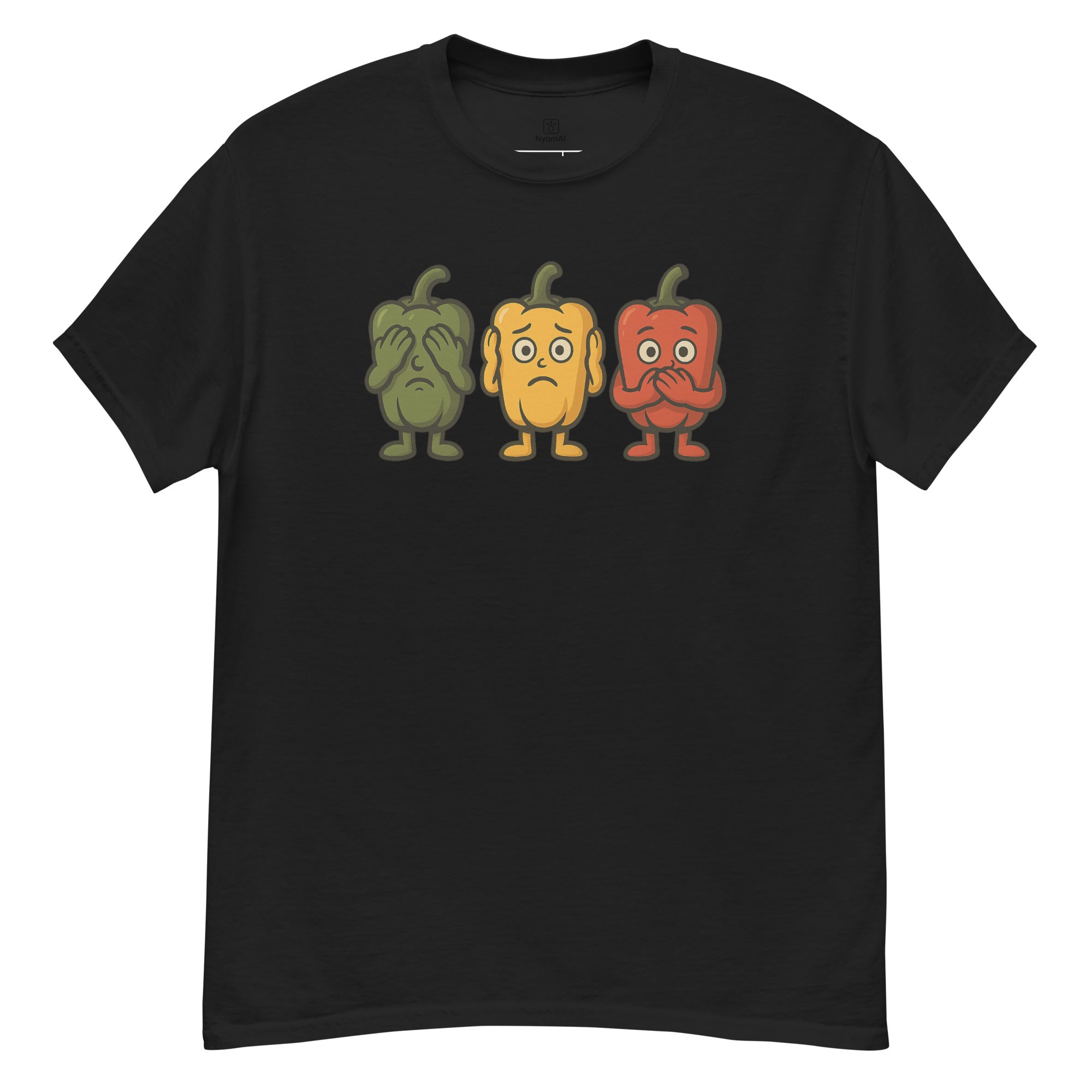Black t-shirt with cartoon peppers design on a white background