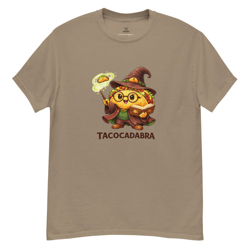 Brown t-shirt with a cartoon taco wizard character and 'Tacocadabra' text on a white background