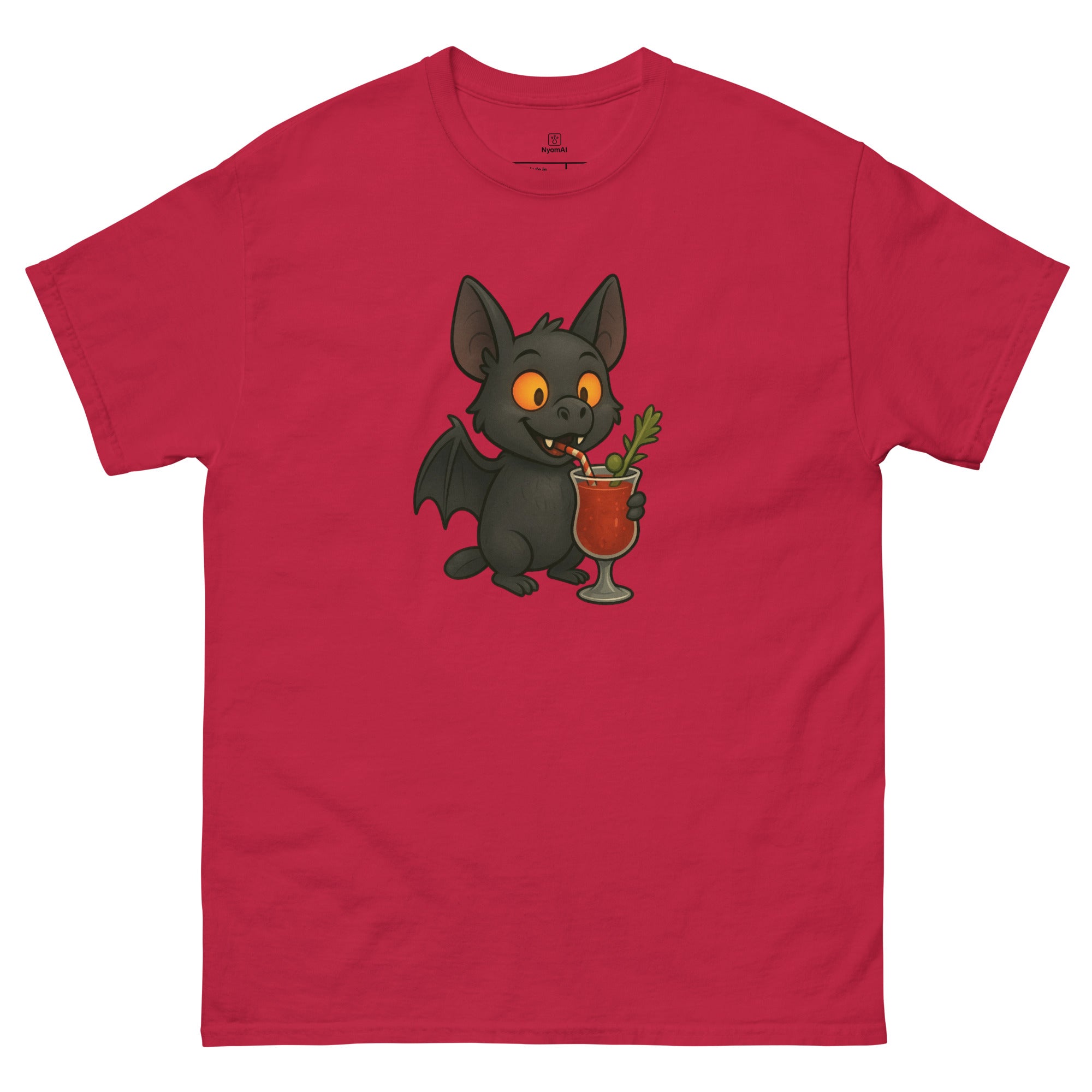 Red t-shirt with a cartoon bat holding a cocktail on a white background