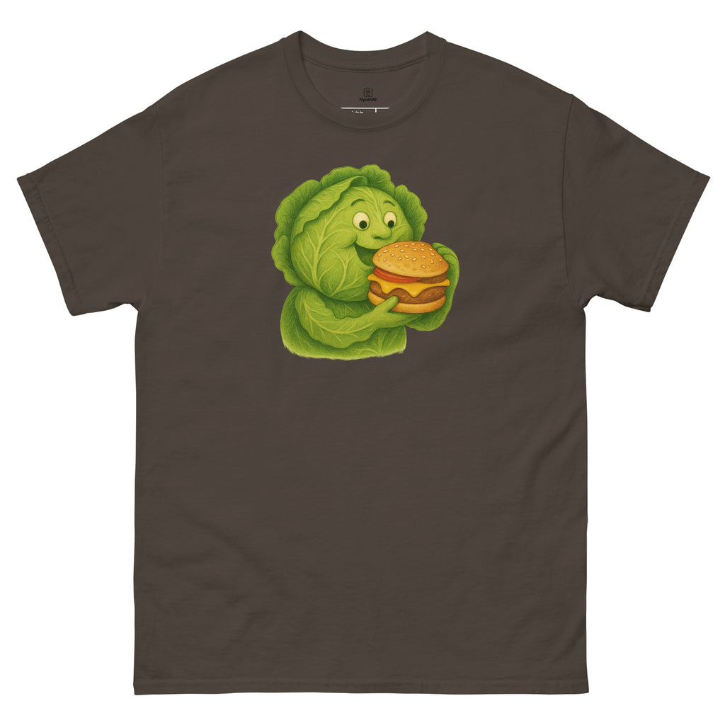 Brown t-shirt with a cartoon cabbage character holding a burger