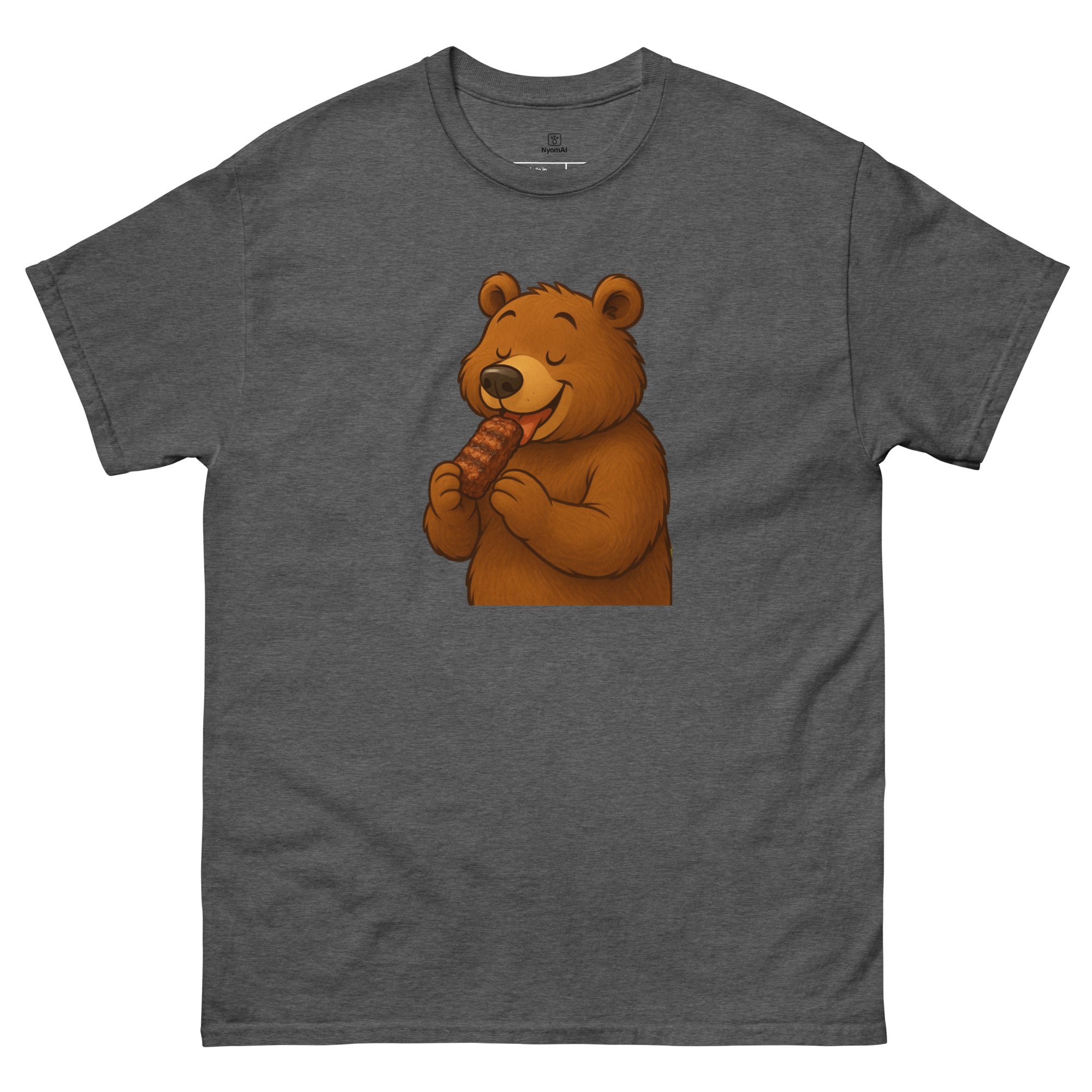 Gray t-shirt with a cartoon bear holding a corn on a white background
