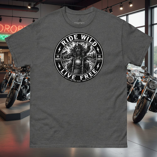 Gray t-shirt with a graphic design featuring a person on a motorcycle and text 'Ride Wild, Live Free' on a white background.