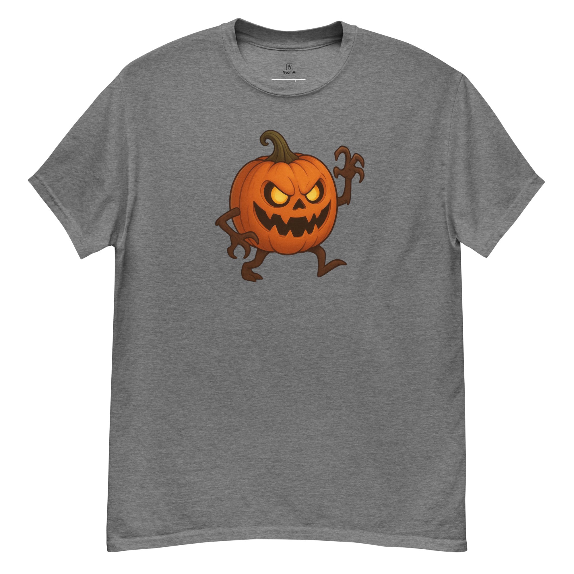 Gray t-shirt with a cartoon pumpkin design on a white background
