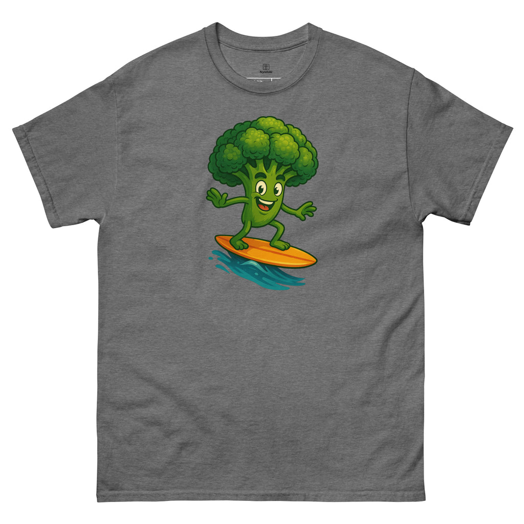 Gray t-shirt with a cartoon broccoli character on a surfboard design.