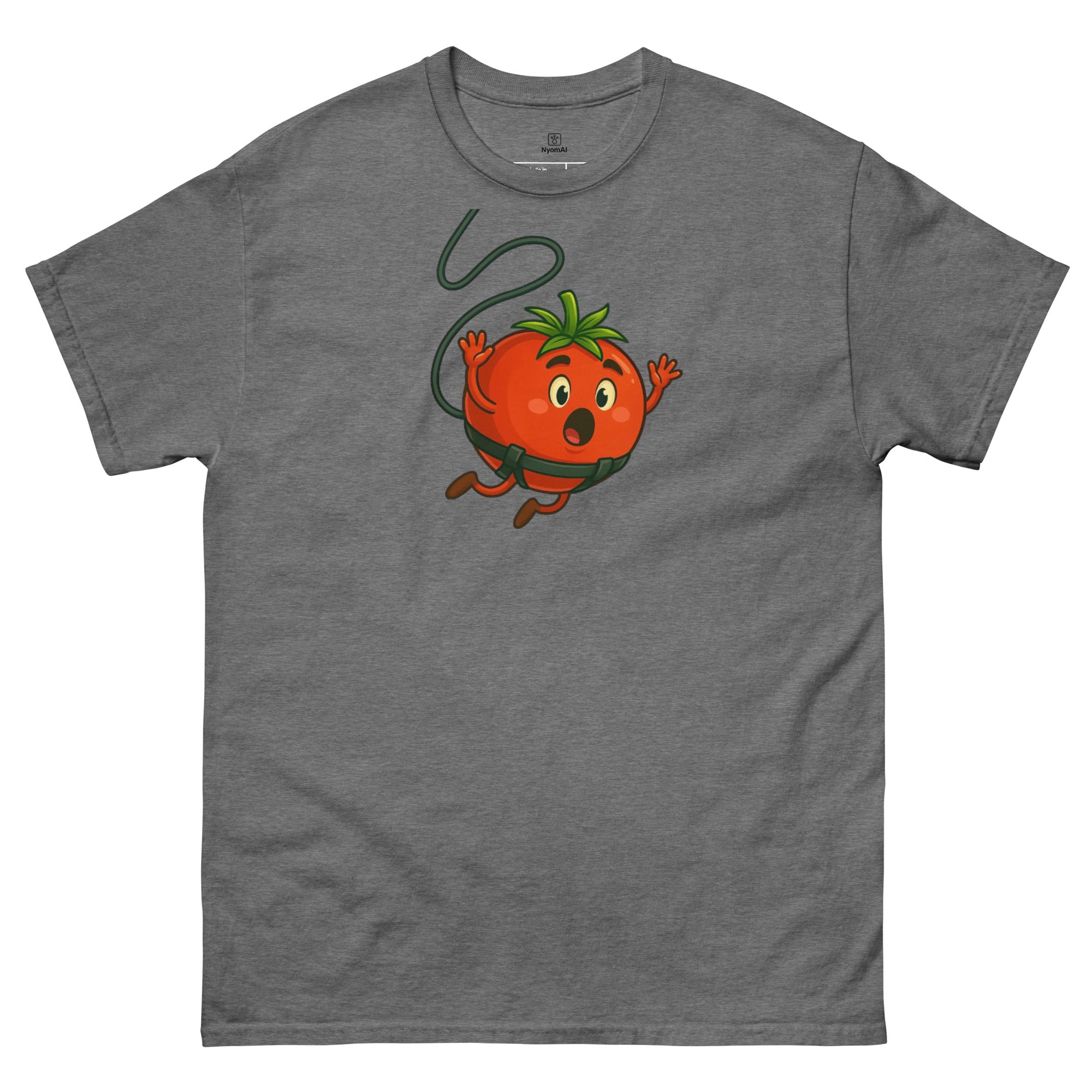 Gray t-shirt with a cartoon tomato character on a white background
