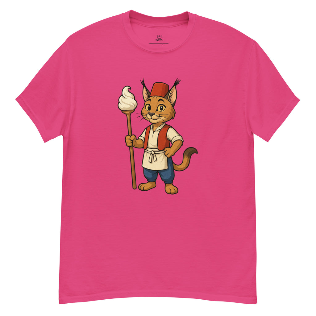 Pink t-shirt with a cartoon character holding a ice cream cone on a white background