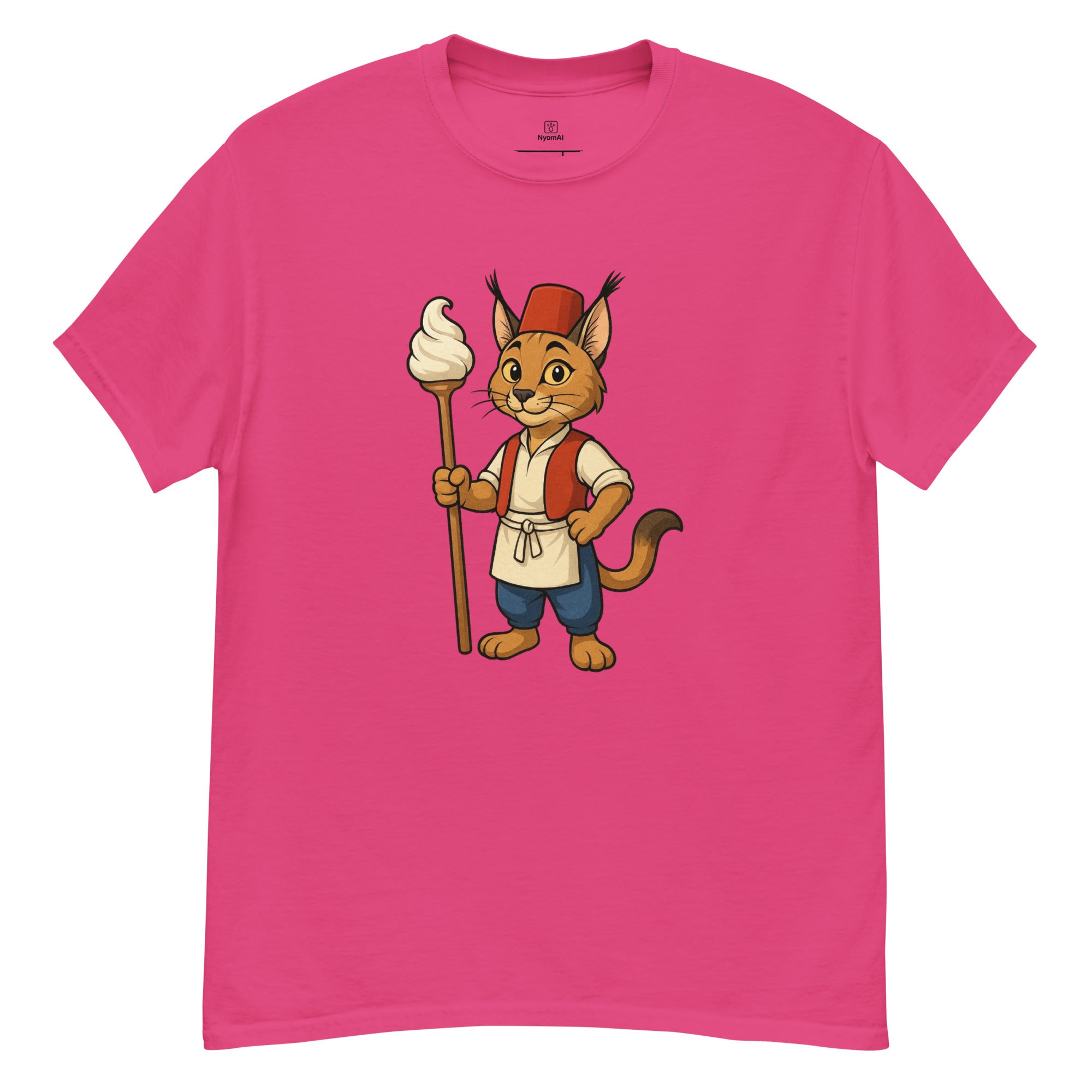 Pink t-shirt with a cartoon character holding a ice cream cone on a white background