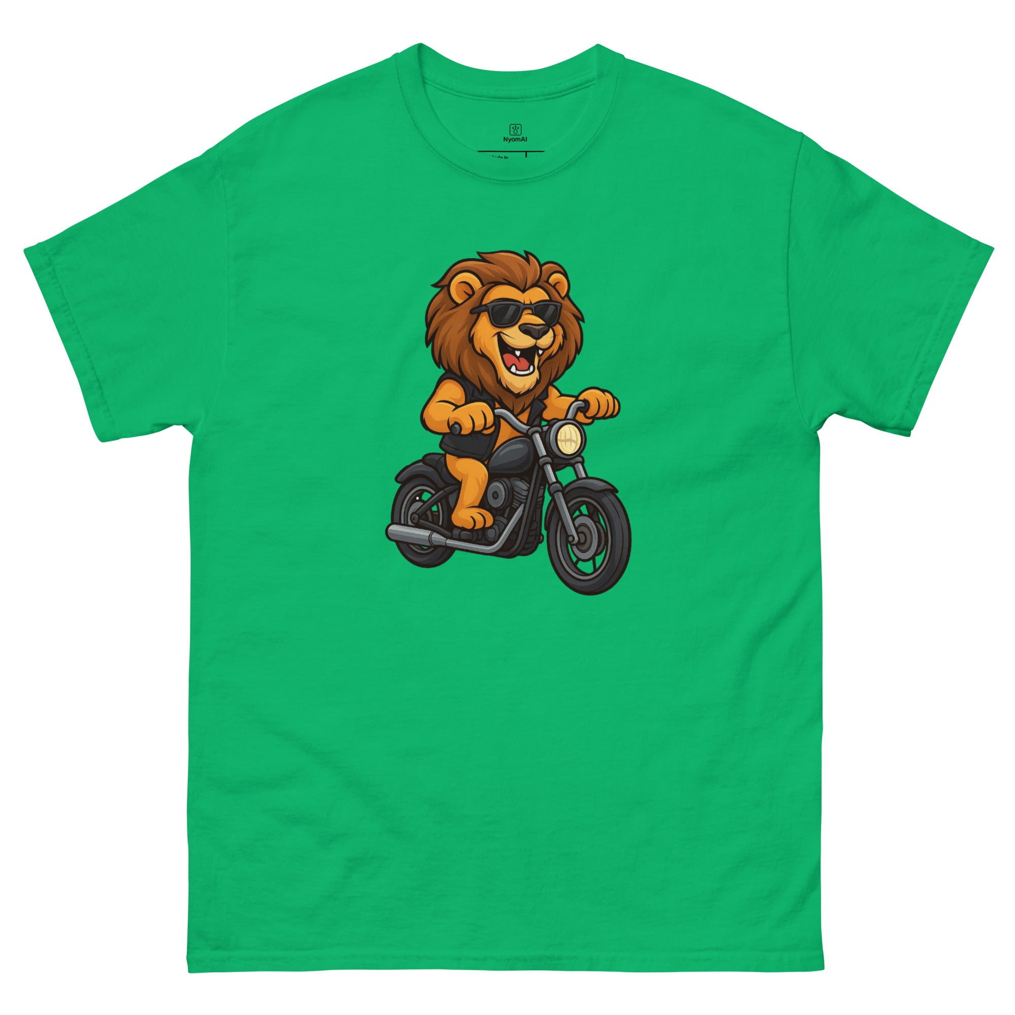 Green t-shirt with a lion riding a motorcycle graphic on a white background
