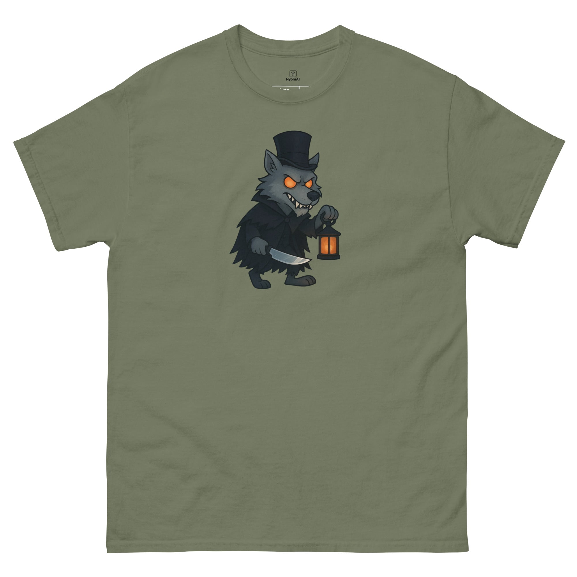 Green t-shirt with a cartoon werewolf wearing a top hat and holding a lantern on a white background