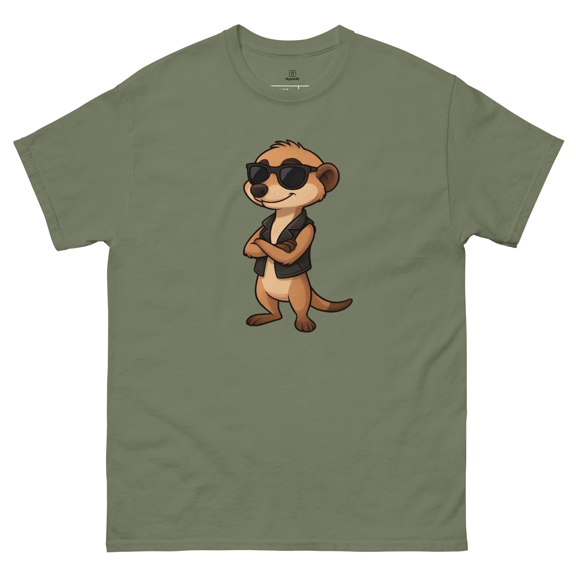 Green t-shirt with a cartoon meerkat wearing sunglasses and a vest on a white background