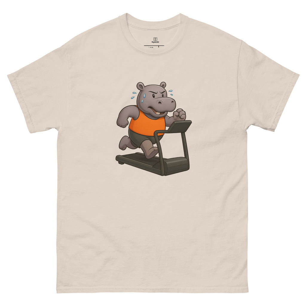 Beige t-shirt with a cartoon hippo on a treadmill graphic