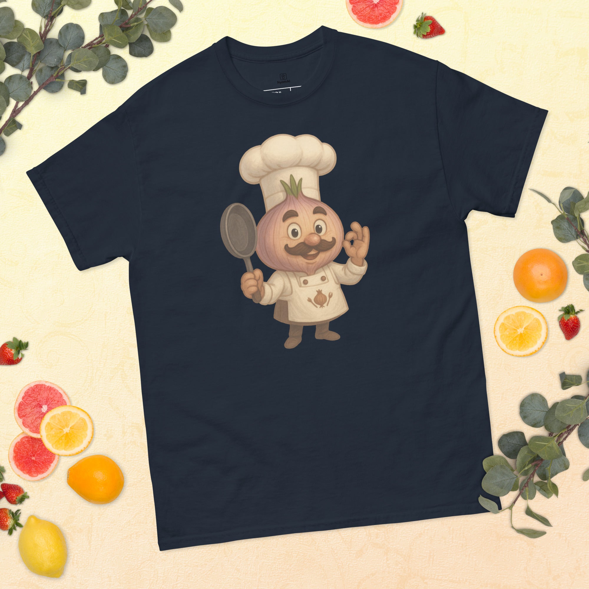 Navy blue t-shirt with a cartoon onion chef character on a decorative background with fruits and leaves.