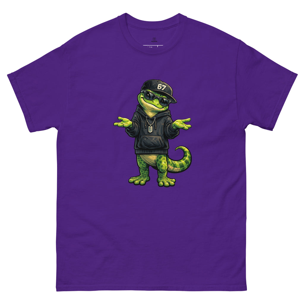 Purple t-shirt with a green dinosaur wearing a black hoodie and cap on a white background