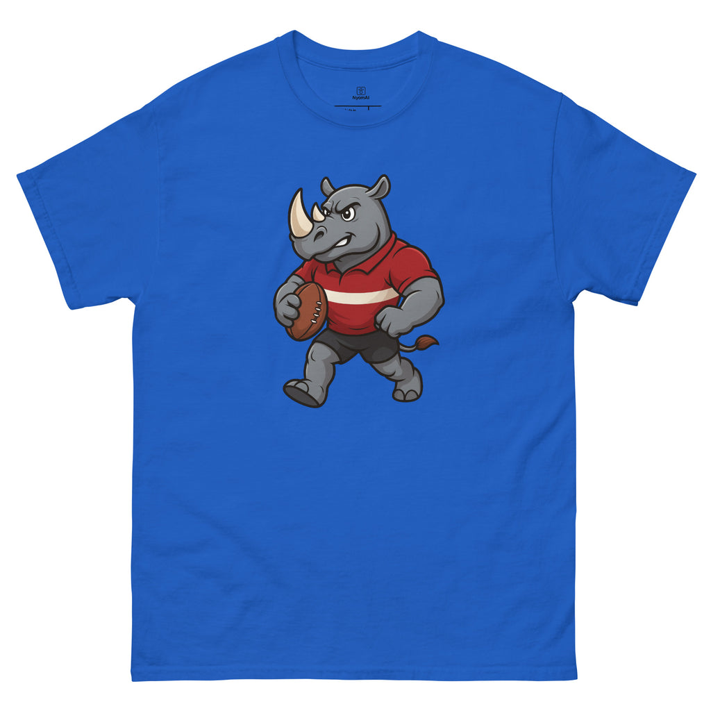 Blue t-shirt with a rhino holding a rugby ball design on a white background