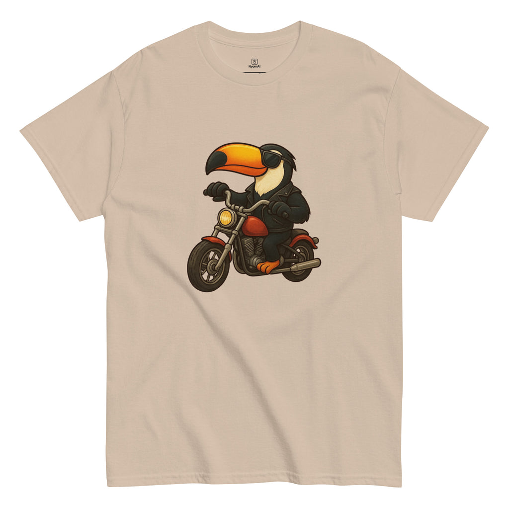 Beige t-shirt with a toucan riding a motorcycle graphic on a white background