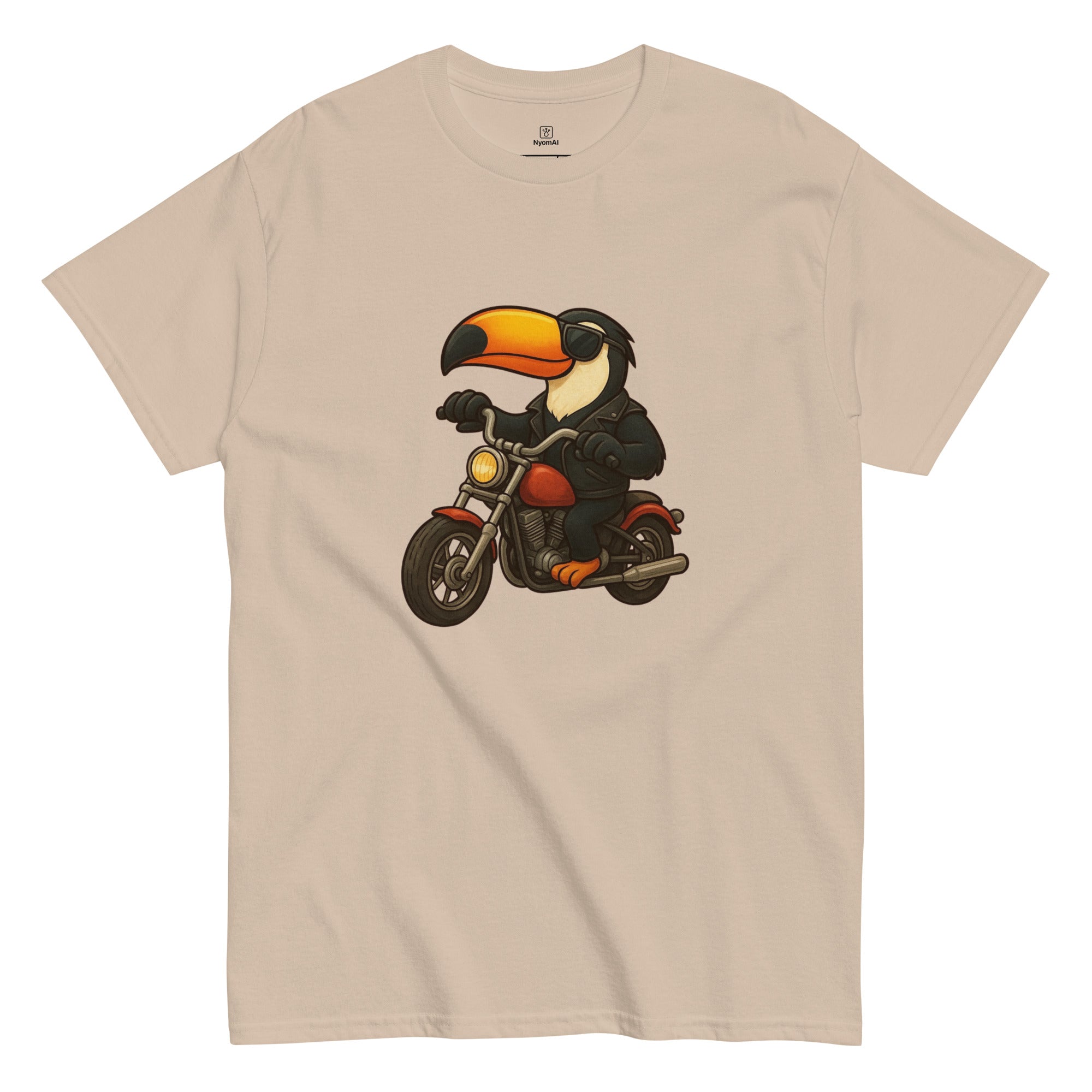 Beige t-shirt with a toucan riding a motorcycle graphic on a white background