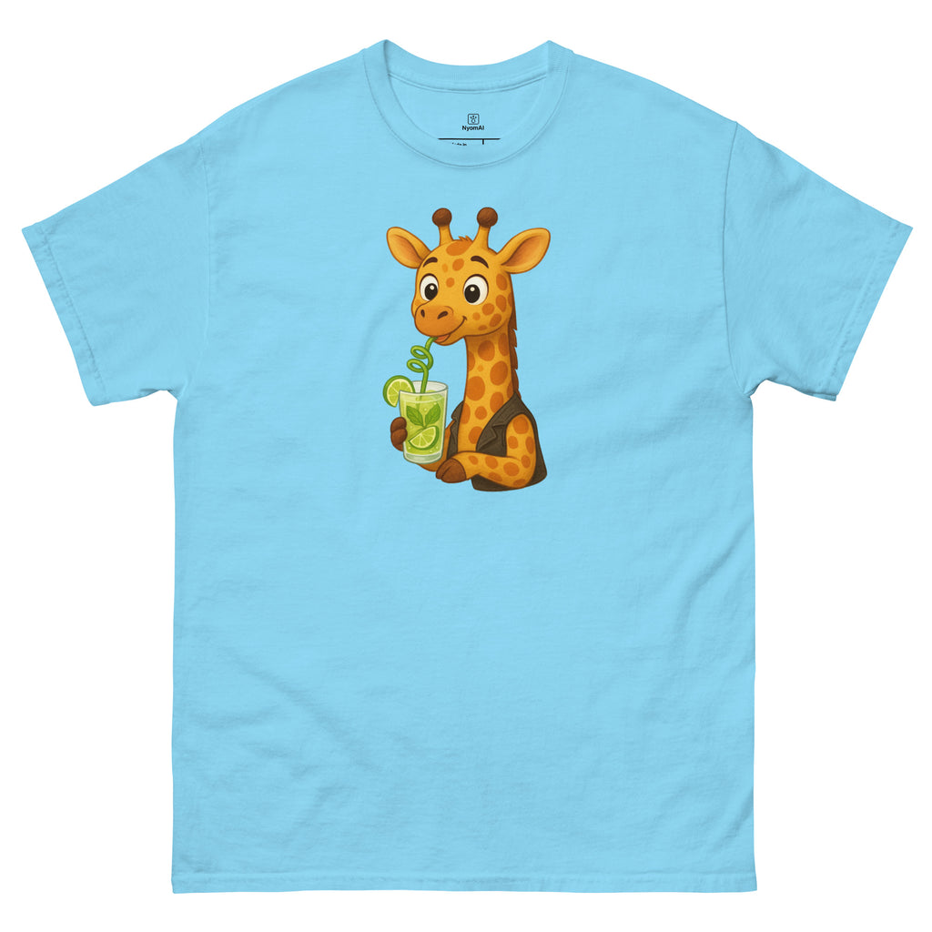 Light blue t-shirt with a cartoon giraffe holding a drink on a white background