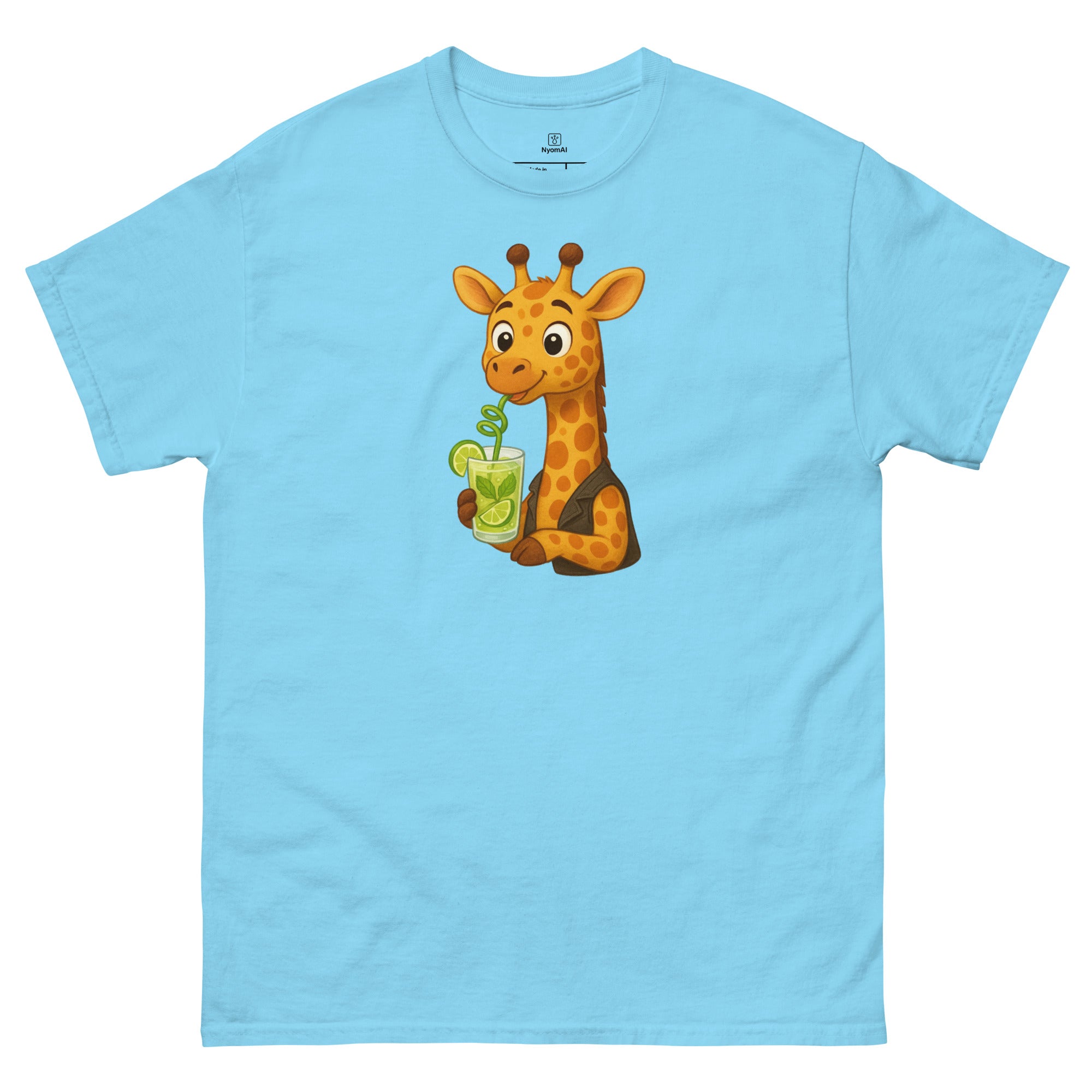 Light blue t-shirt with a cartoon giraffe holding a drink on a white background