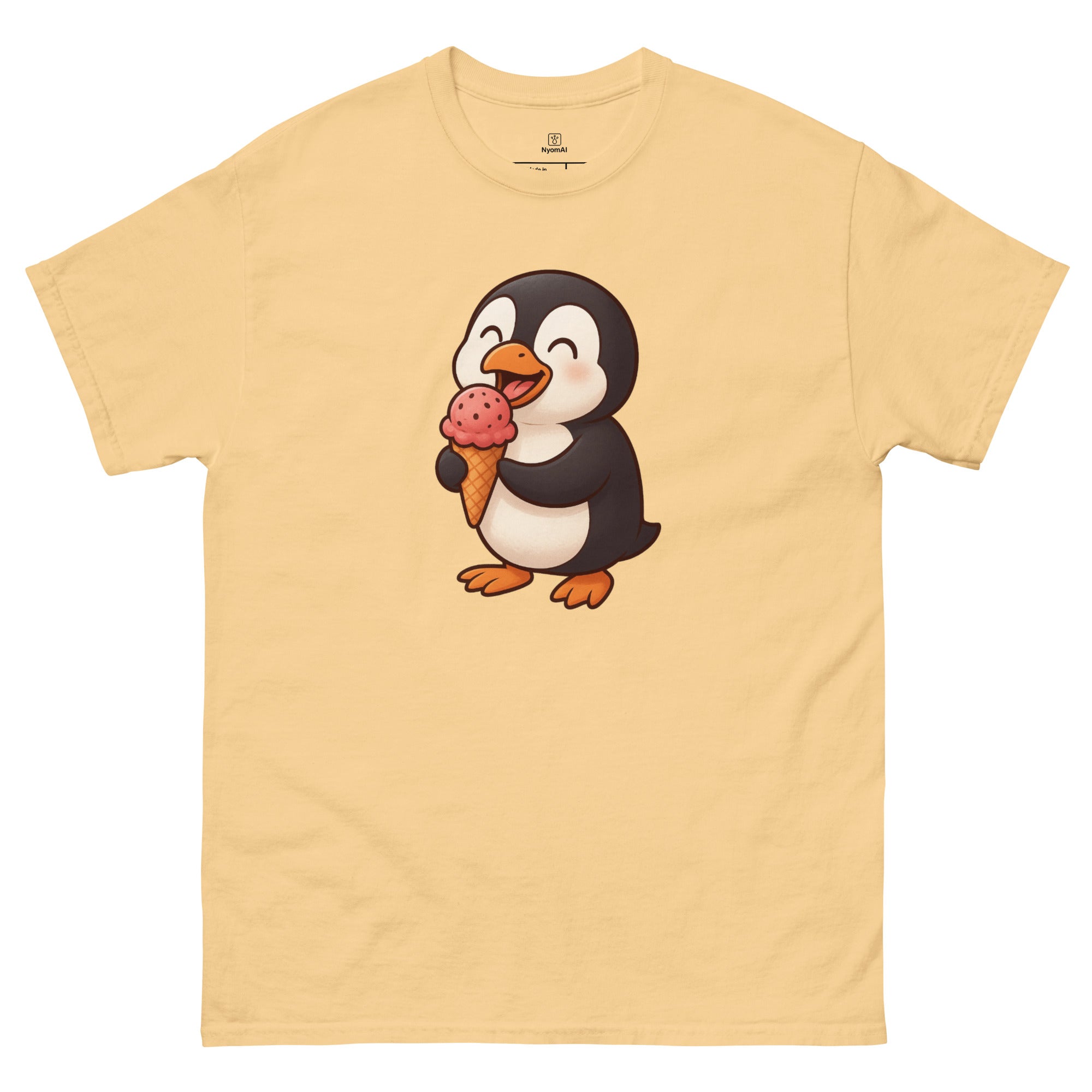 Beige t-shirt with a penguin holding an ice cream cone design on a white background