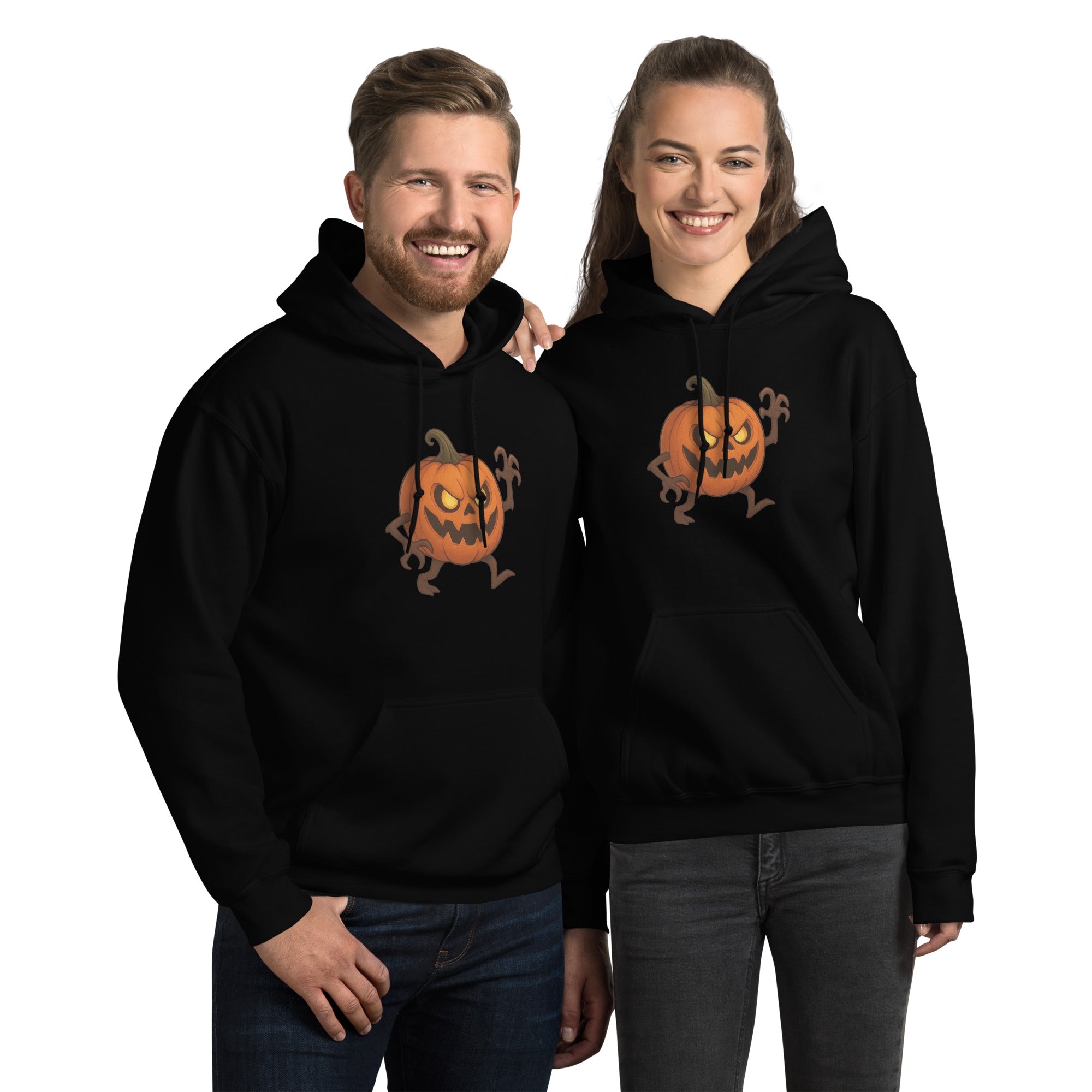 Two people wearing black hoodies with pumpkin designs on a white background