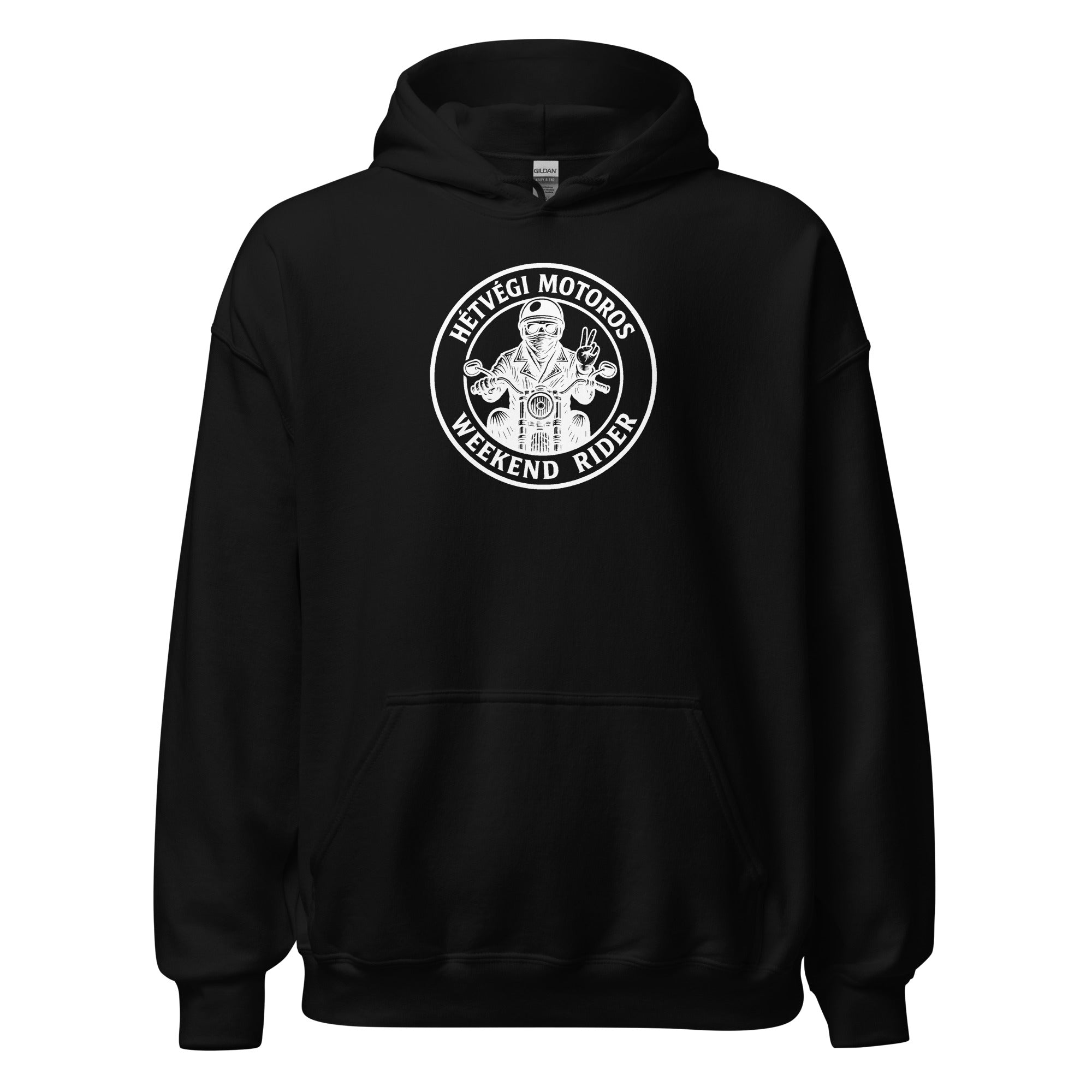 Black hoodie with a white graphic and text on a white background