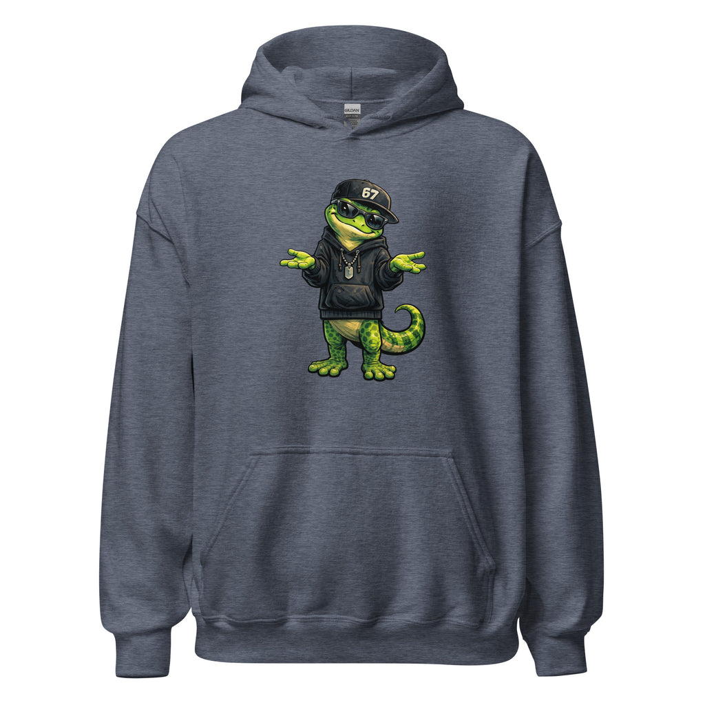 Gray hoodie with a green dinosaur graphic wearing a black hoodie and cap on 67