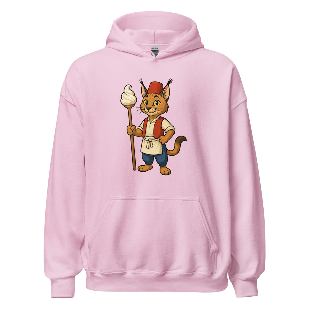 Pink hoodie with a cartoon character holding a ice cream cone on a white background