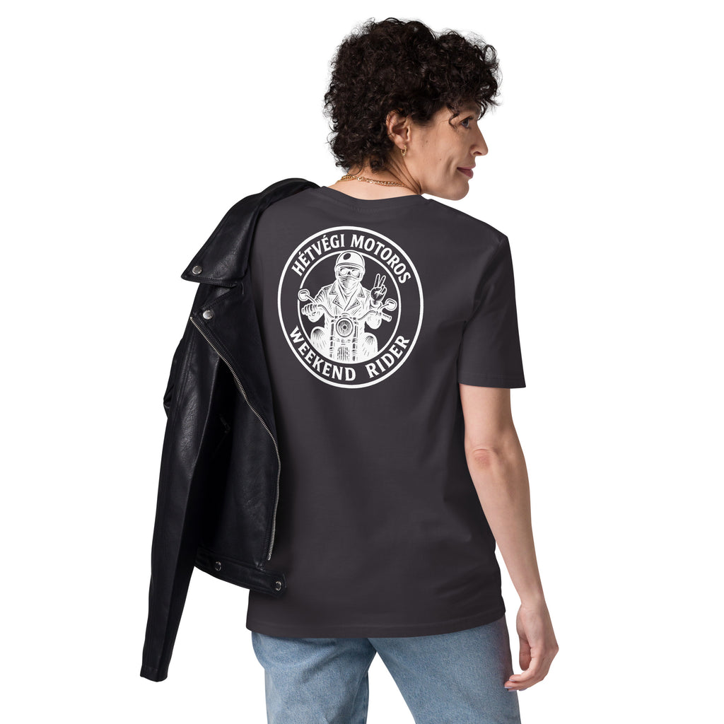 Person wearing a black t-shirt with a logo and text on the back, standing against a white background.