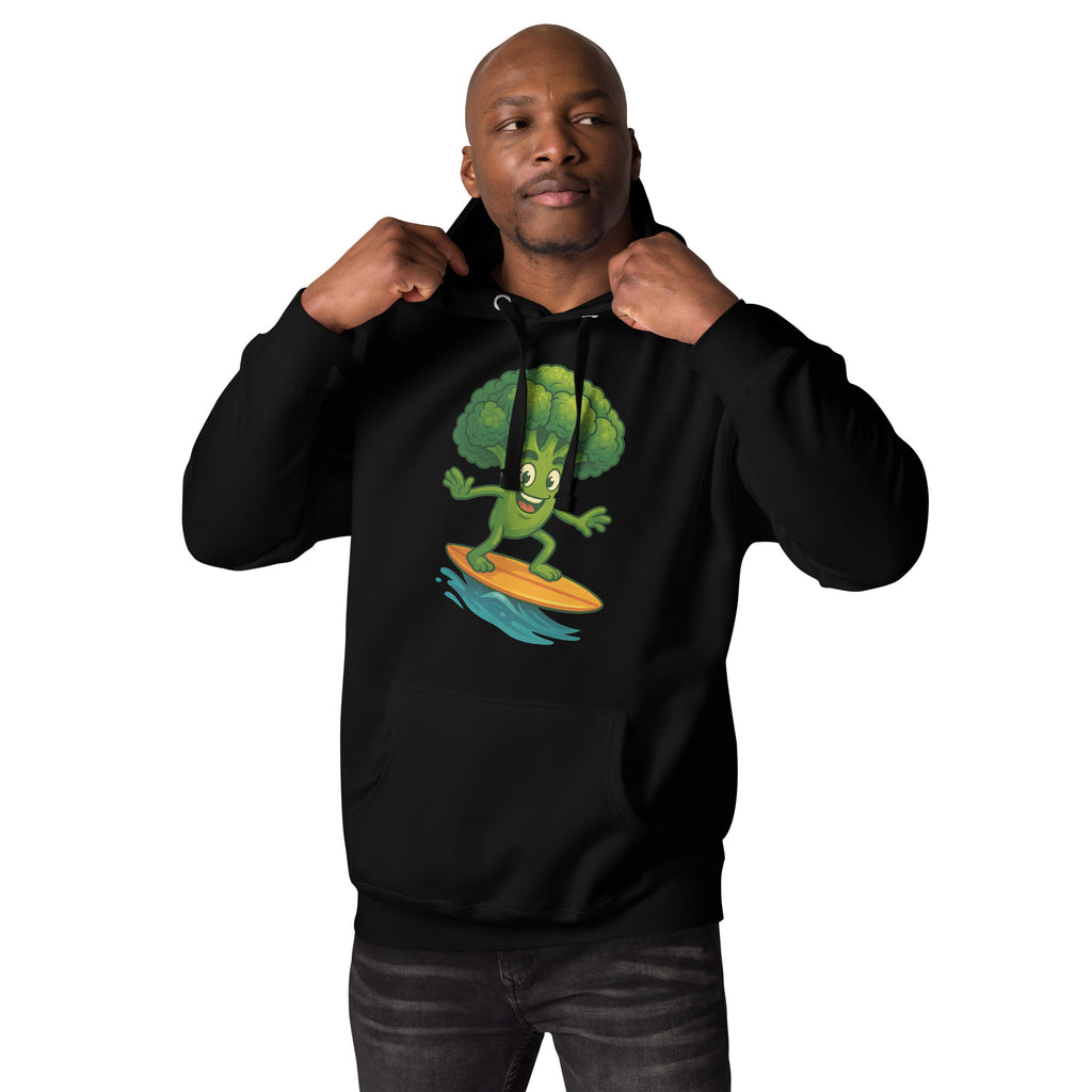 Person wearing a black hoodie with a cartoon broccoli character on a surfboard design.