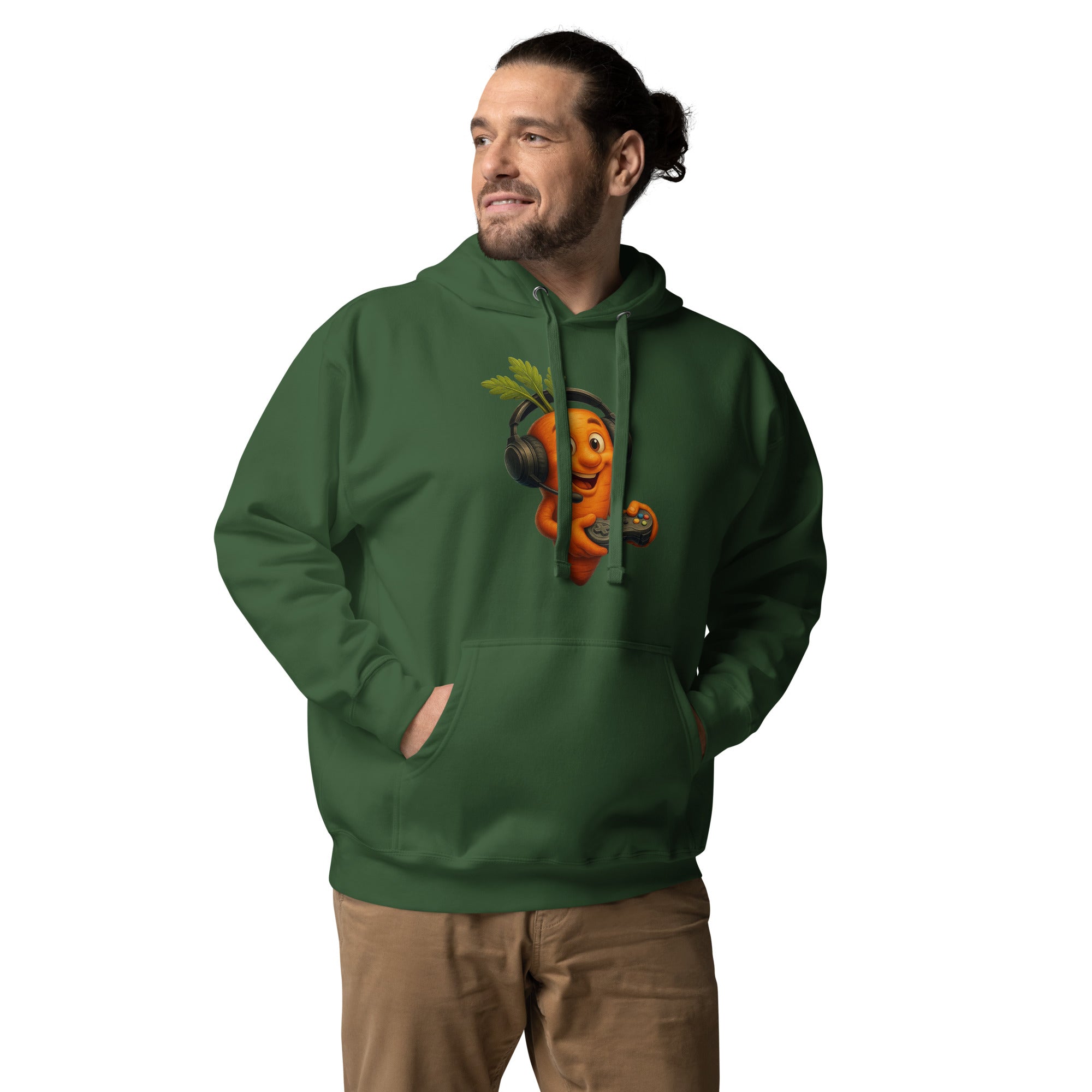 Man wearing a green hoodie with a unique design on a white background