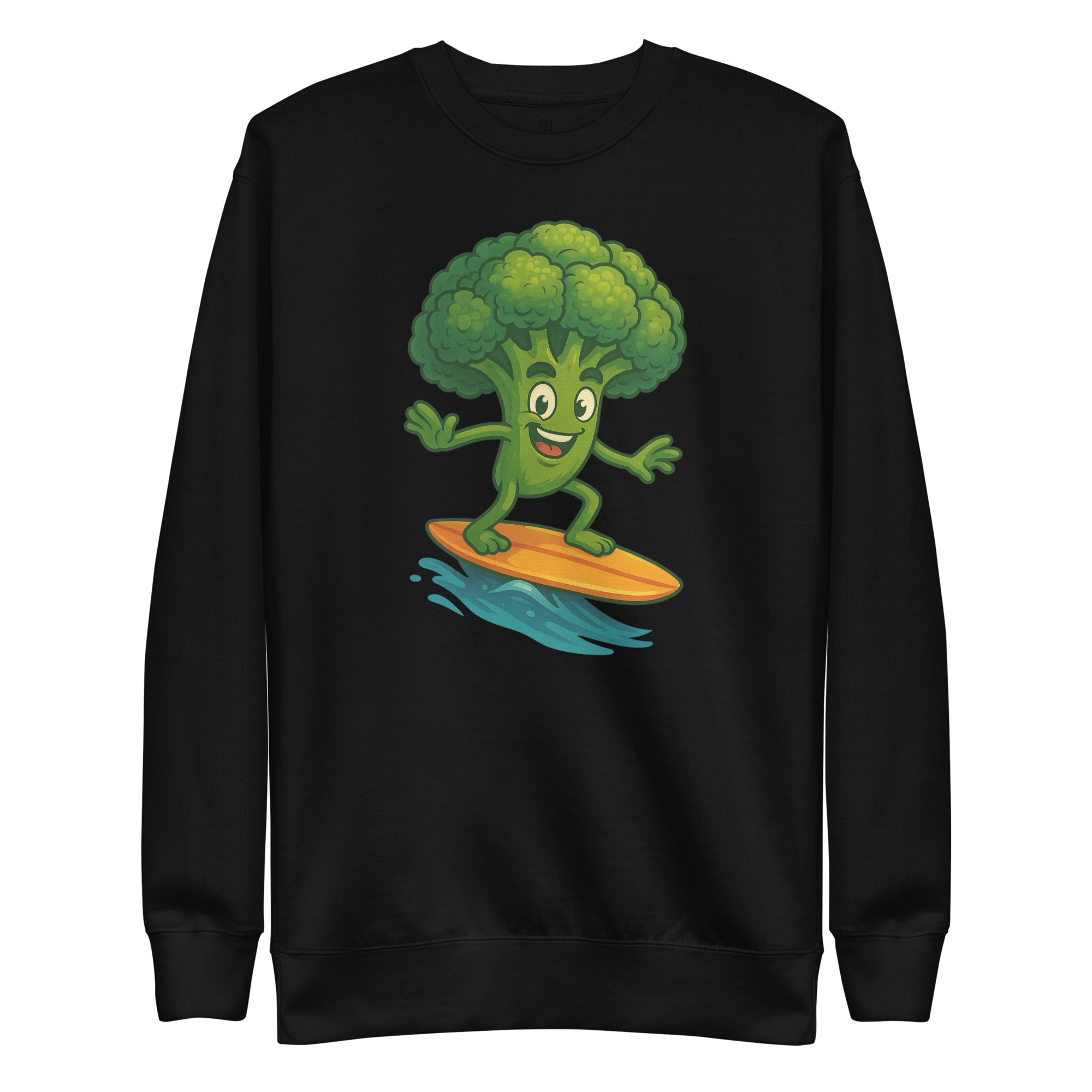 Black sweatshirt with a cartoon broccoli character surfing on a wave