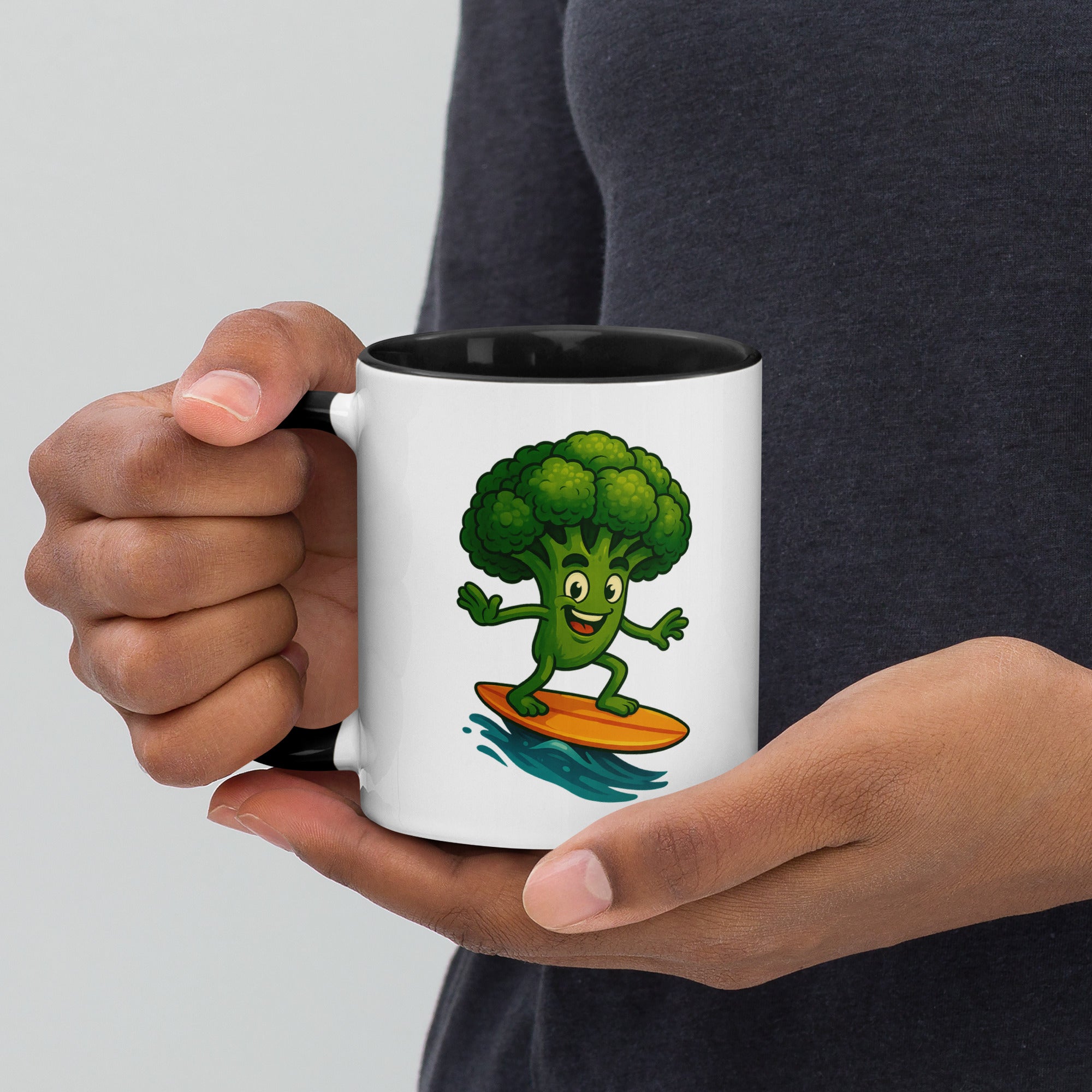 Colorful mug featuring a surfing broccoli character, perfect for adding fun to your beverage routine.