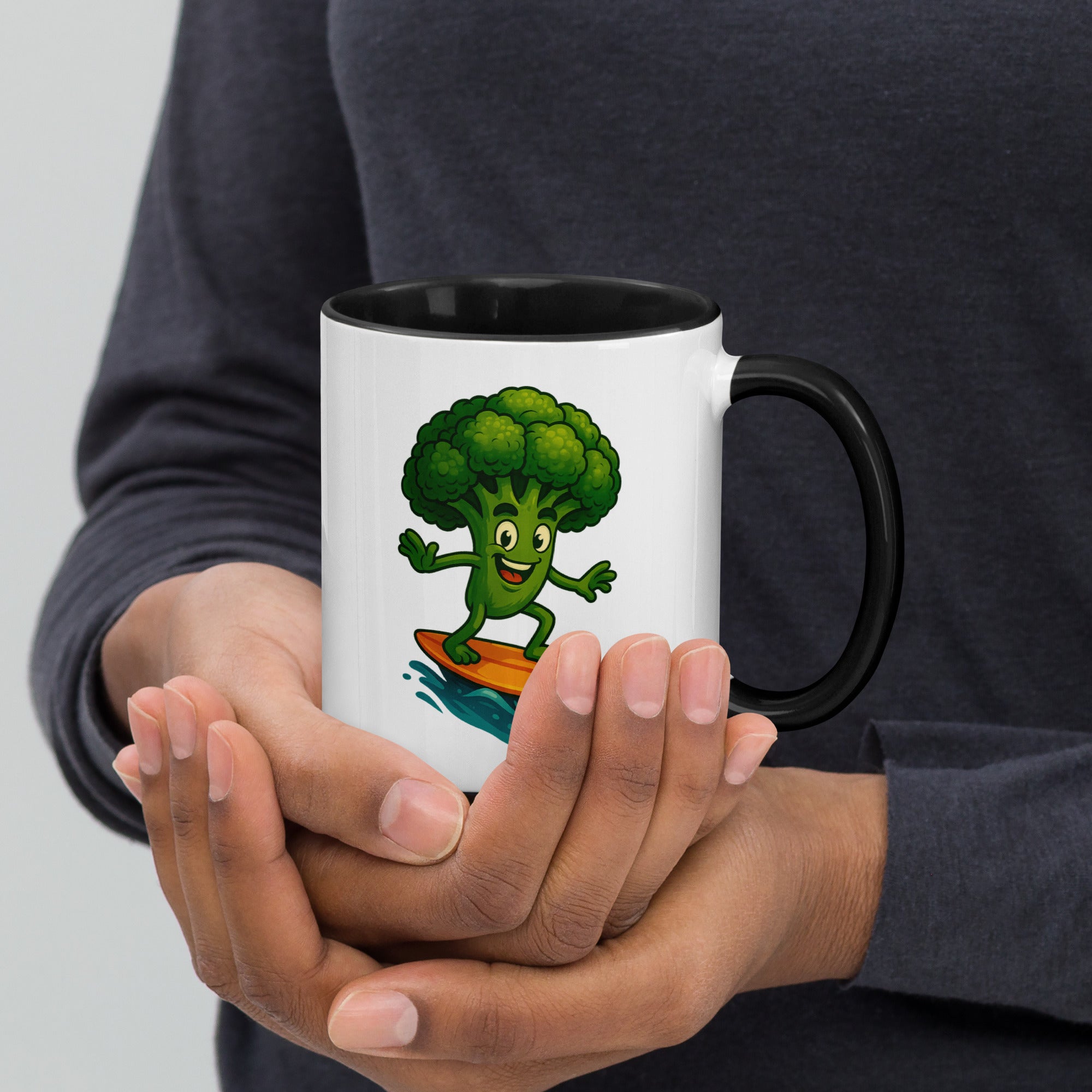 Colorful mug featuring a cheerful cartoon broccoli character surfing, perfect for adding fun to your drinkware collection.